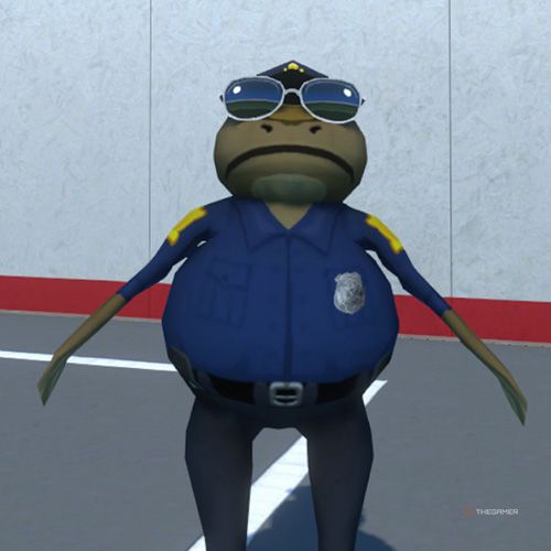 The player is wearing the Officer costume in Amazing Frog