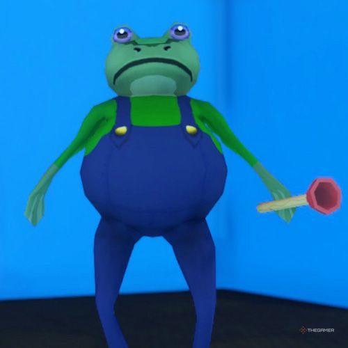 The player is wearing the Plumber B costume in Amazing Frog
