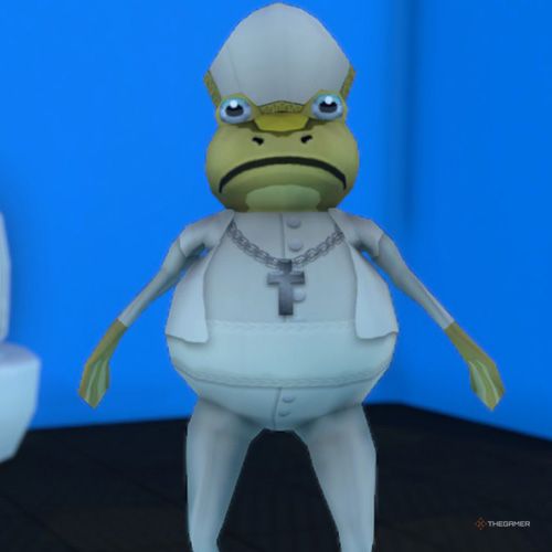 The player is wearing the Pope Frog costume in Amazing Frog