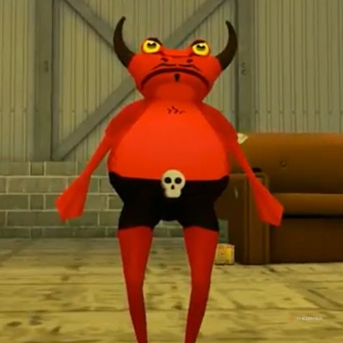 The player is wearing the Satan costume in Amazing Frog