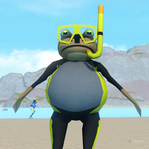 The player is wearing the Scuba Frog costume in Amazing Frog