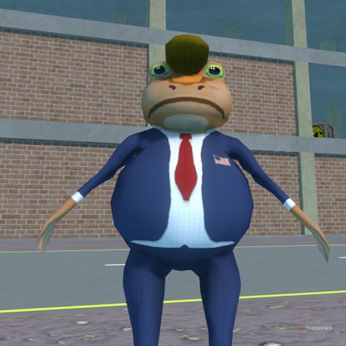 The player is wearing the Trump Frog costume in Amazing Frog