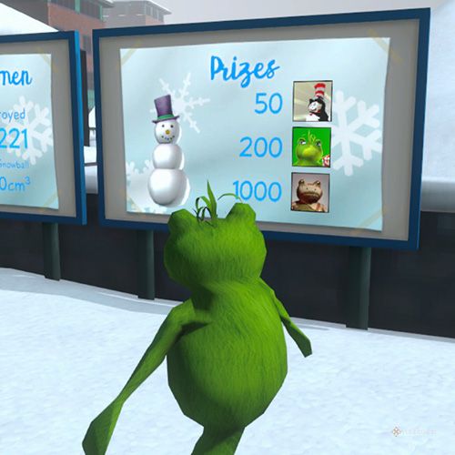 The player wears the Grinch Frog costume and checks the prizes in the Snow World in Amazing Frog