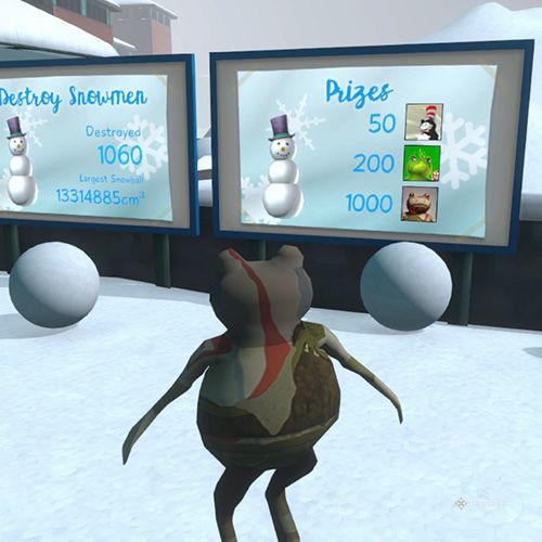 The player wears the Kratos Frog costume and checks the prizes in the Snow World in Amazing Frog
