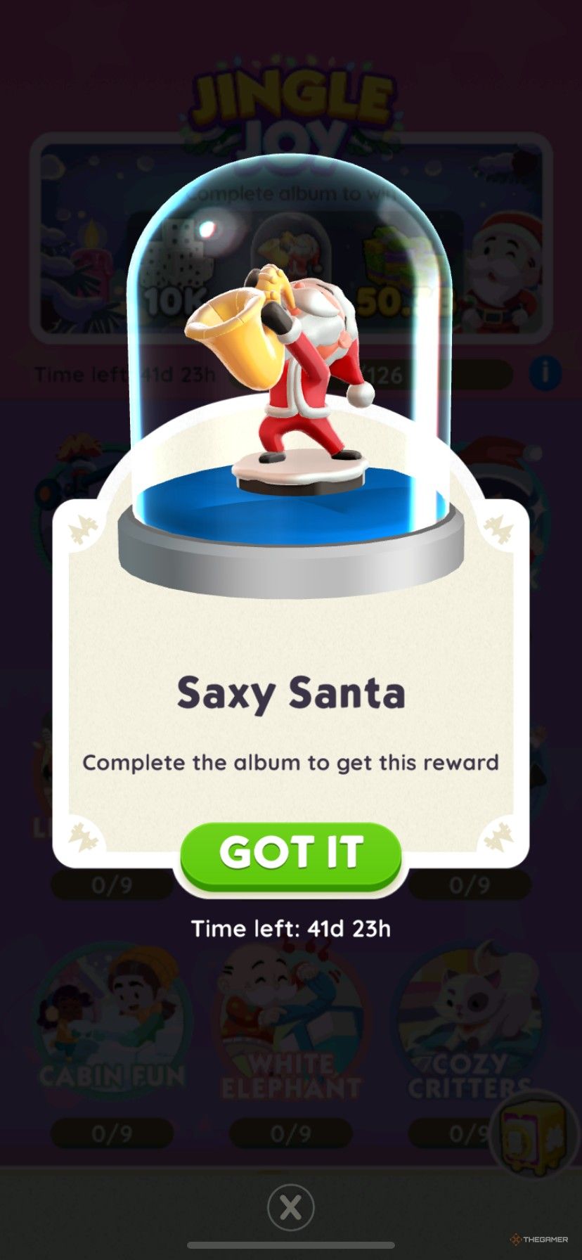 The Saxy Santa token from the Jingle Joy album season in Monopoly Go.