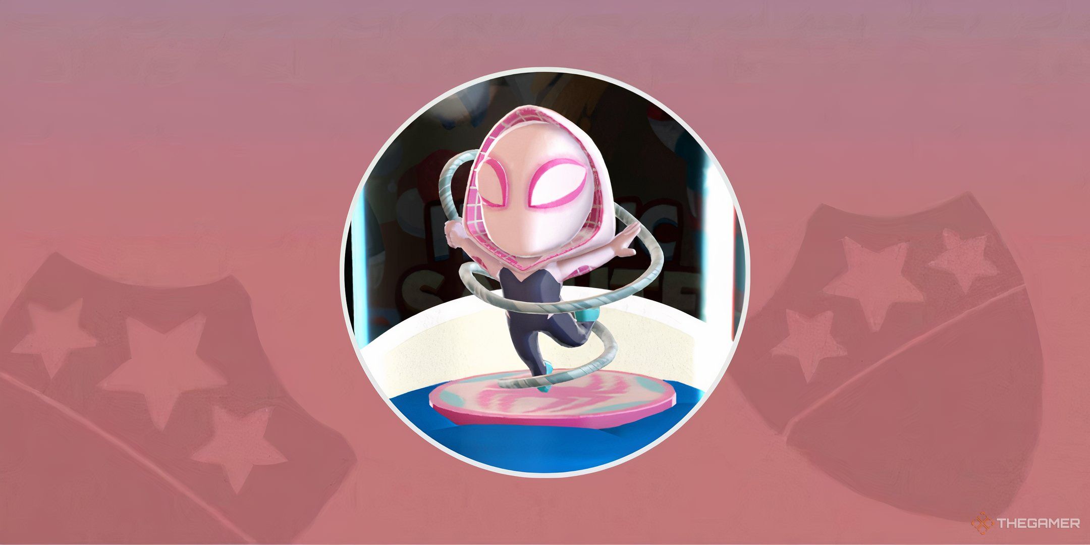 The Spider-Gwen token from the Heroic Salute event in Monopoly Go in front of the Captain America shield backdrop for the event info page.