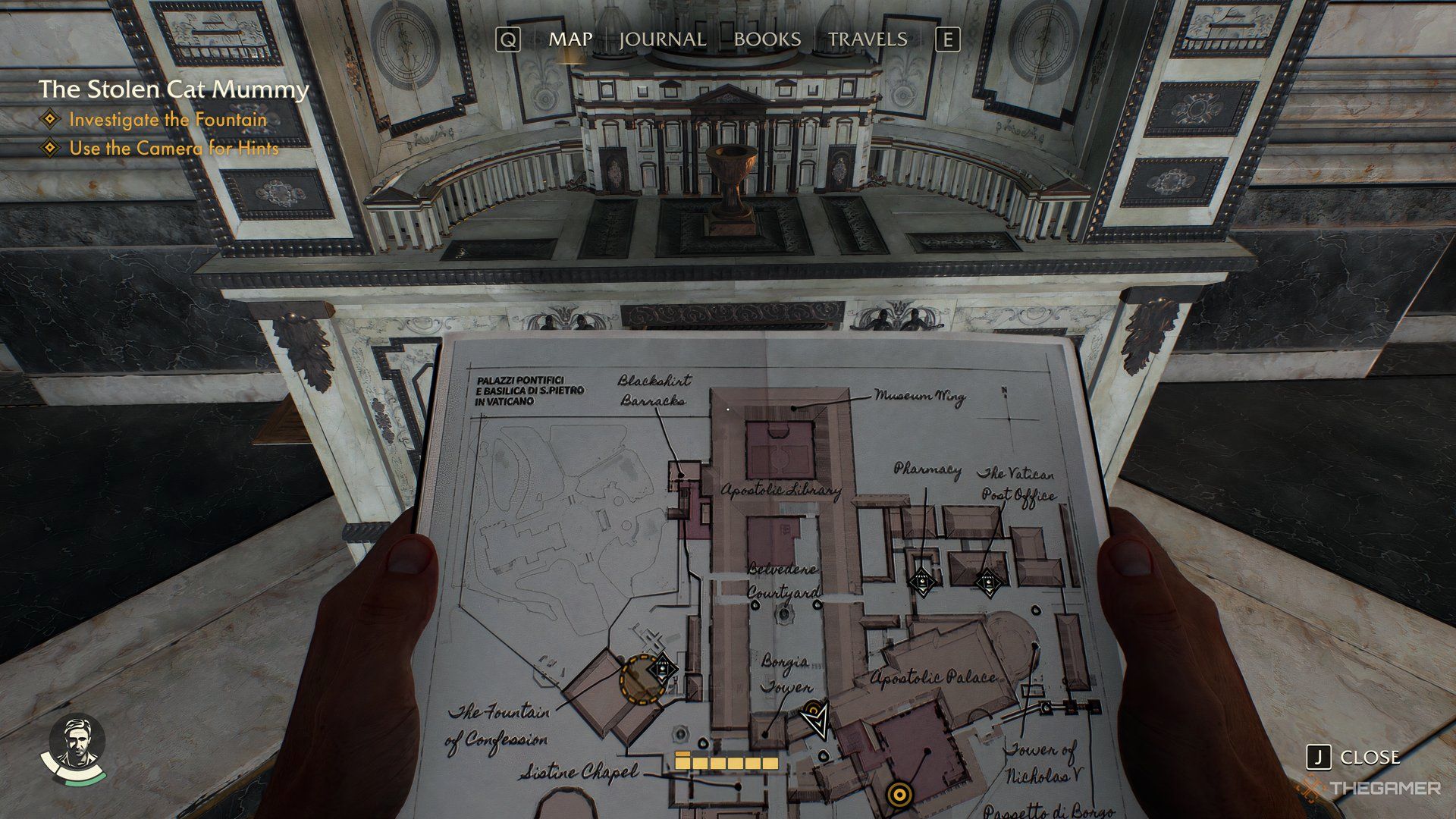 Indy holding a map in the Apostolic Library in Indiana Jones And The Great Circle.