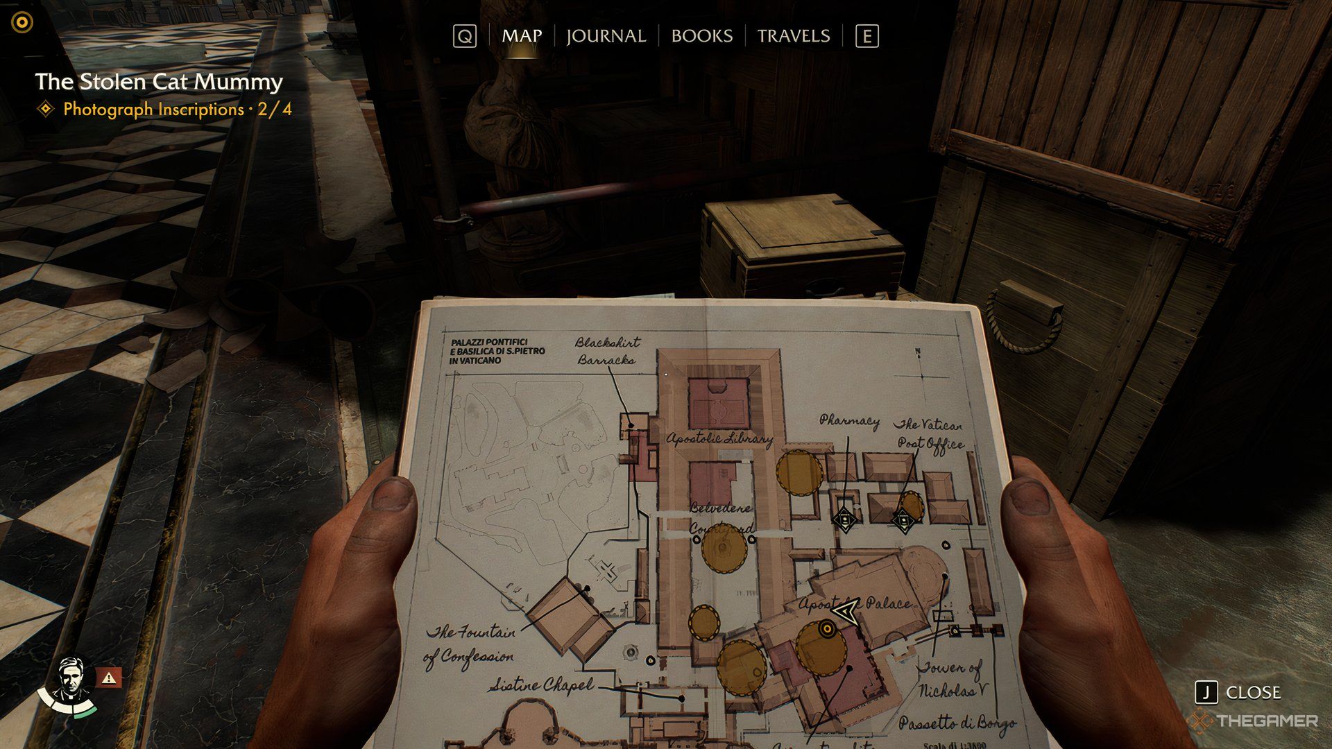 Indy holding a map near some crates in the Apostolic Palace in Indiana Jones And The Great Circle.