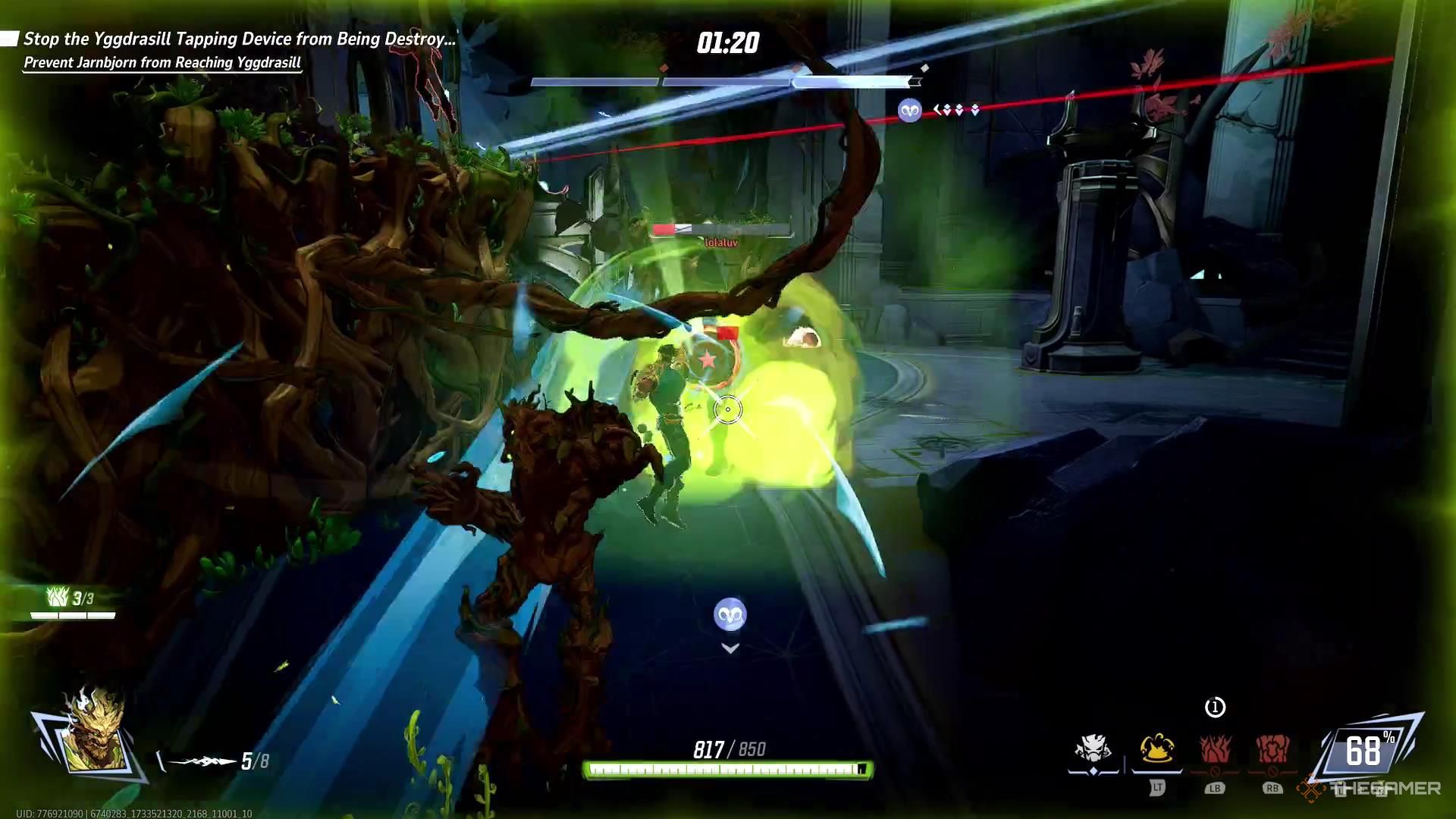 Groot's Thornlash Wall attacks Captain America in Marvel Rivals.