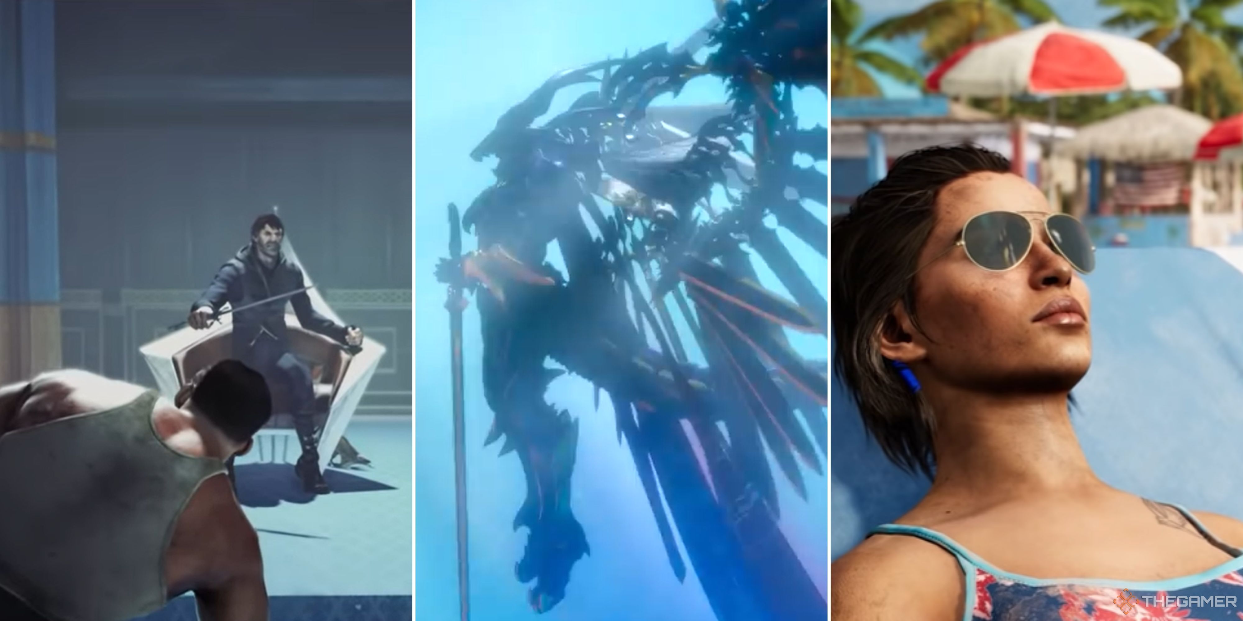 Three screenshots are lined up from left to right Dishonored 2, Final Fantasy 15 Episode Ardyn, and Far Cry 6.