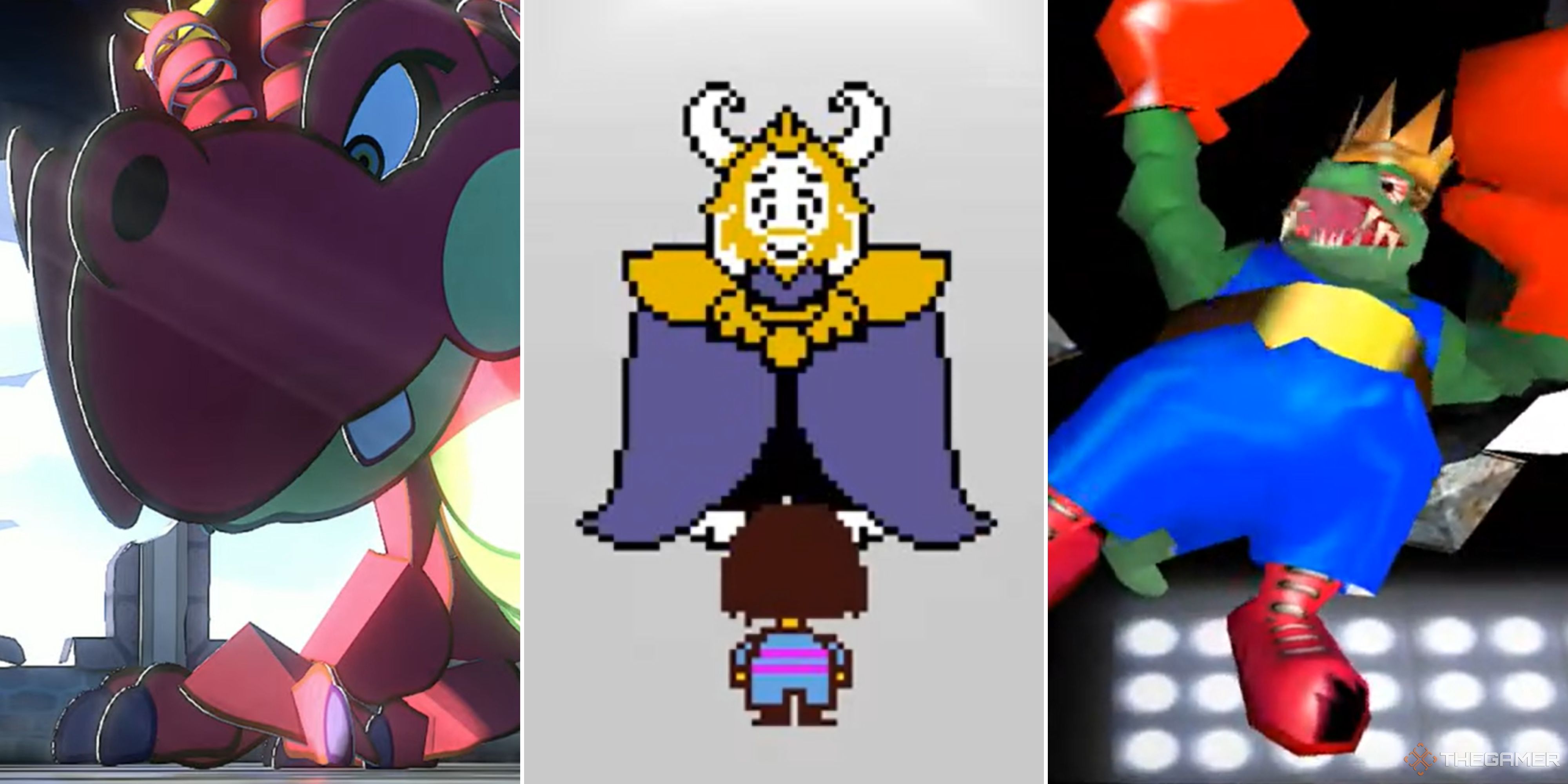 Three screenshots are lined up from left to right Hooktail from Paper Mario, Asgore and Frisk from Undertale, and King K. Rool from Donkey Kong 64.