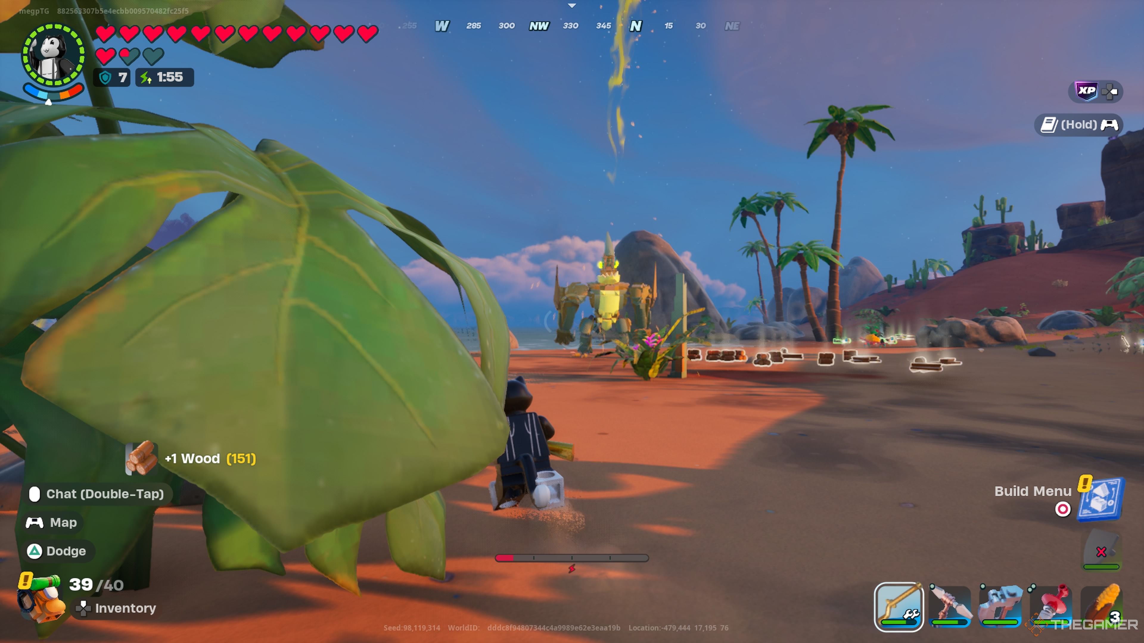 Toon Meowscles being shot at by a Sand Brute in Lego Fortnite Odyssey.