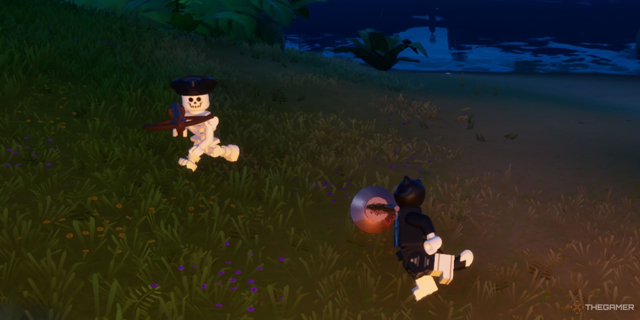 Toon meowscles chasing a skeleton in Lego Fortnite Odyssey.