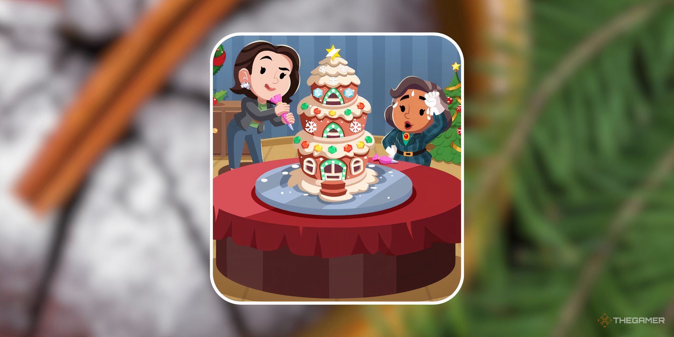 Two characters from Monopoly Go frosting a gingerbread house in front of a background of pine needles and seasonal cake for Frosty Showdown in Monopoly Go.