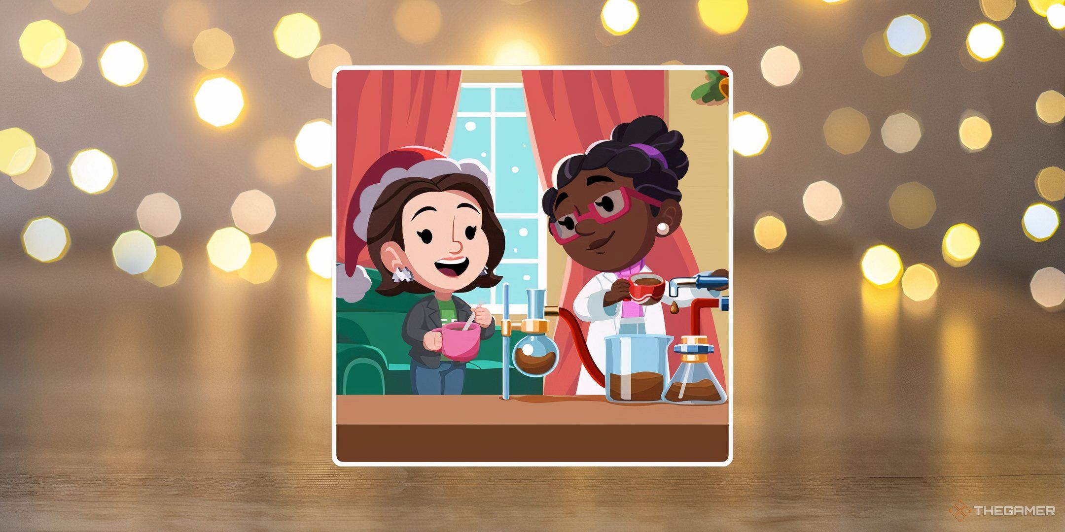 Two characters from Monopoly Go making hot cocoa in front of a backdrop of blurred string lights for the Milky Mixers rewards in Monopoly Go.
