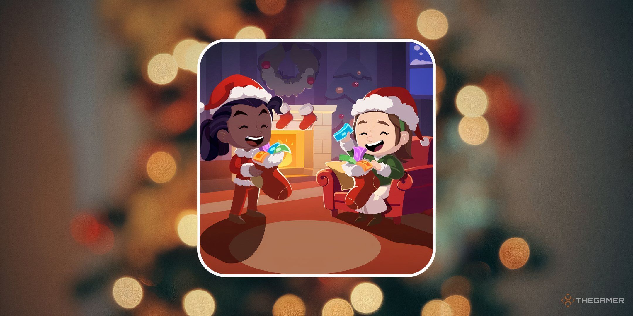Two characters from Monopoly Go sharing stockings by a fireplace in front of a blurred image of Christmas lights for the Stocking Spree event in Monopoly Go.