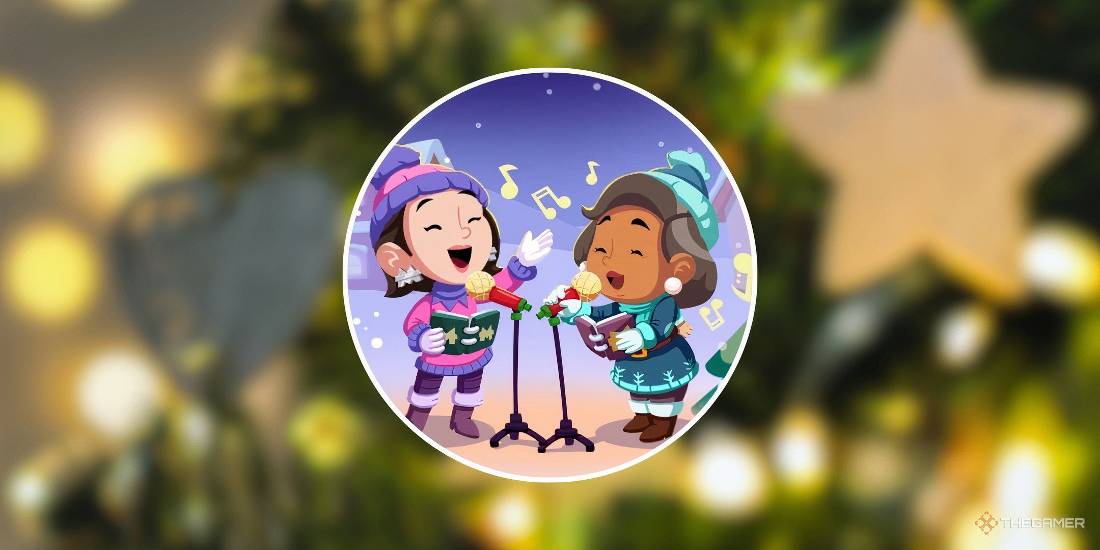 Two characters from Monopoly Go singing Christmas carols in front of a background of a Christmas tree for Jingle Jam in Monopoly Go.