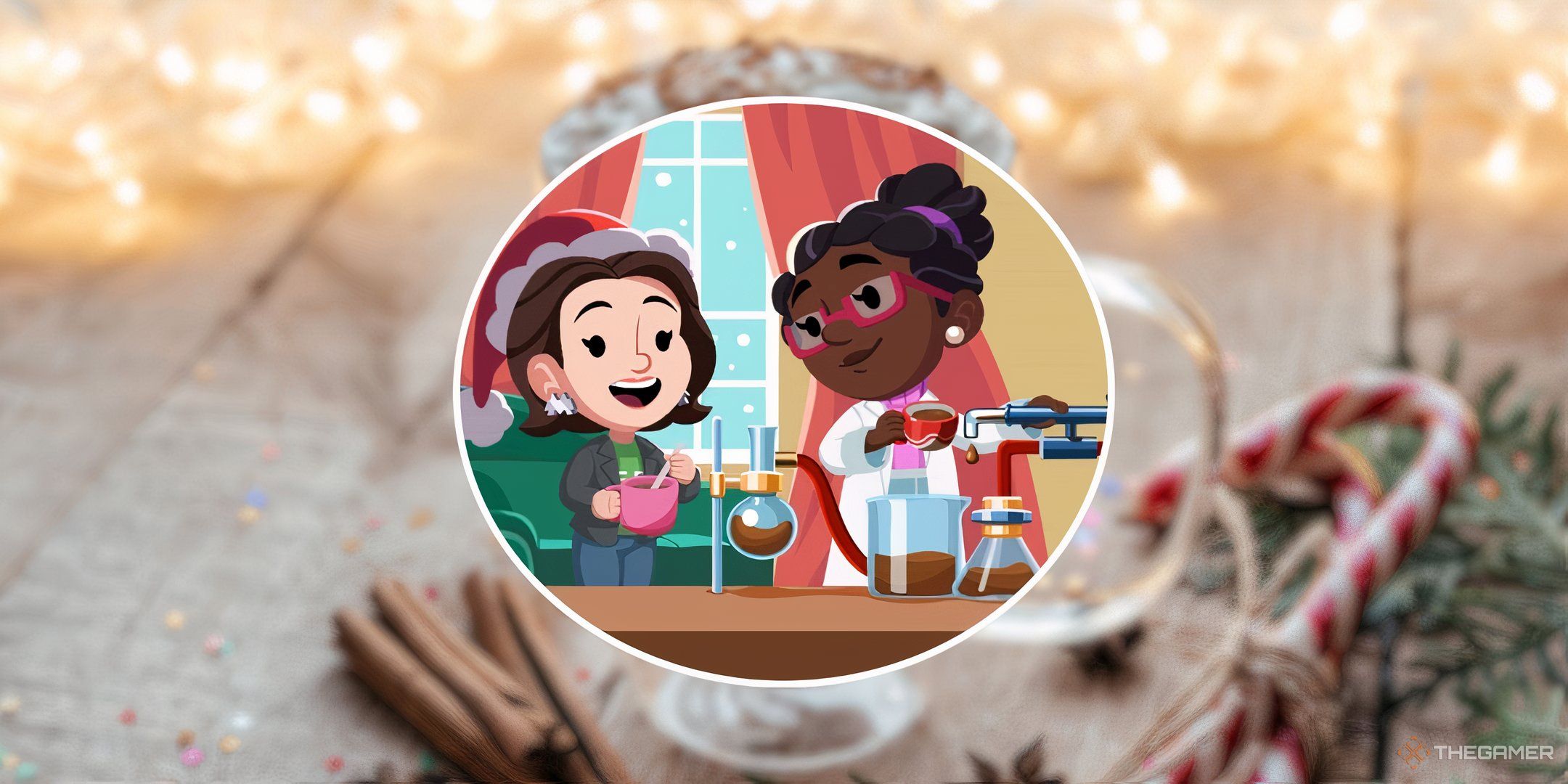 Two ladies from Monopoly Go making hot chocolate in front of a festive hot cocoa candy cane light backdrop for Milky Mixers in Monopoly Go.
