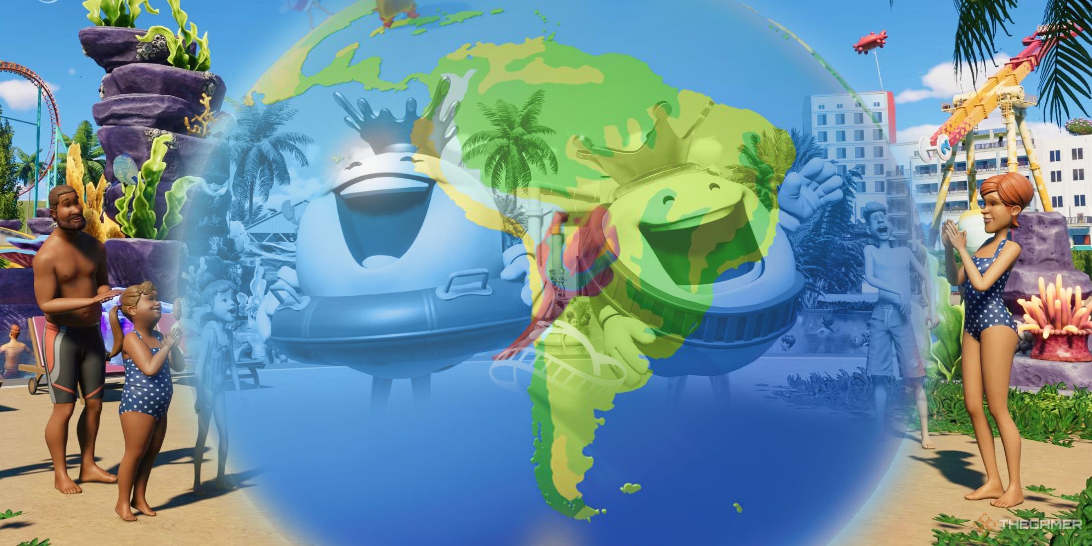 Two mascots are on top on the world, with guests around them in Planet Coaster 2