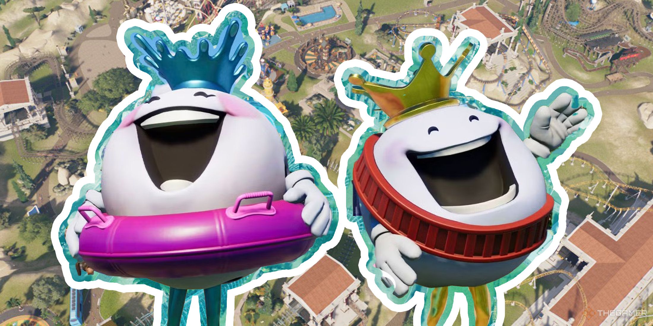Two mascots are waving in front of a park background in Planet Coaster 2.