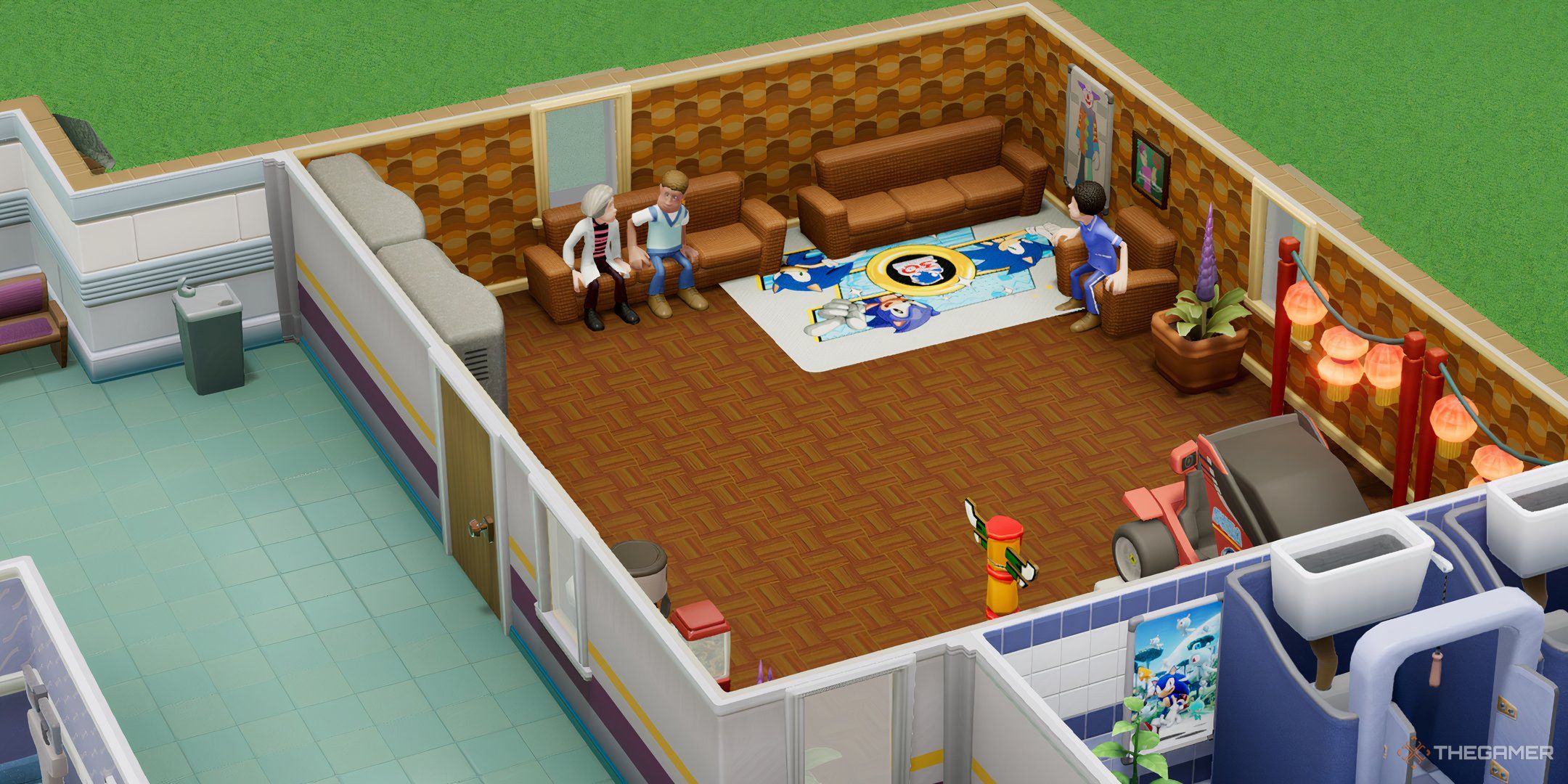 Employees relaxing in the Staff Room in Two Point Hospital.