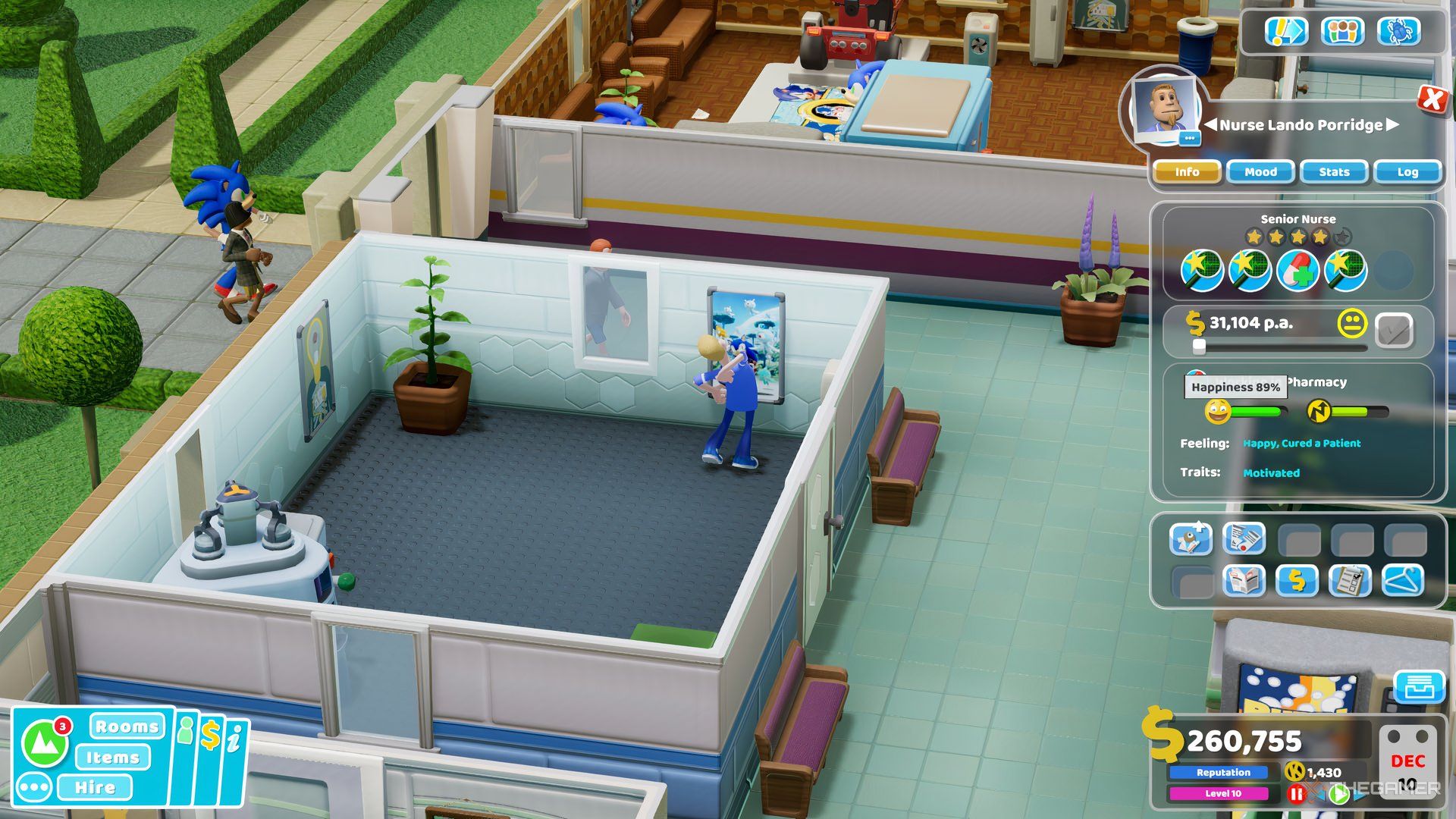 A staff member with high happiness in Two Point Hospital.