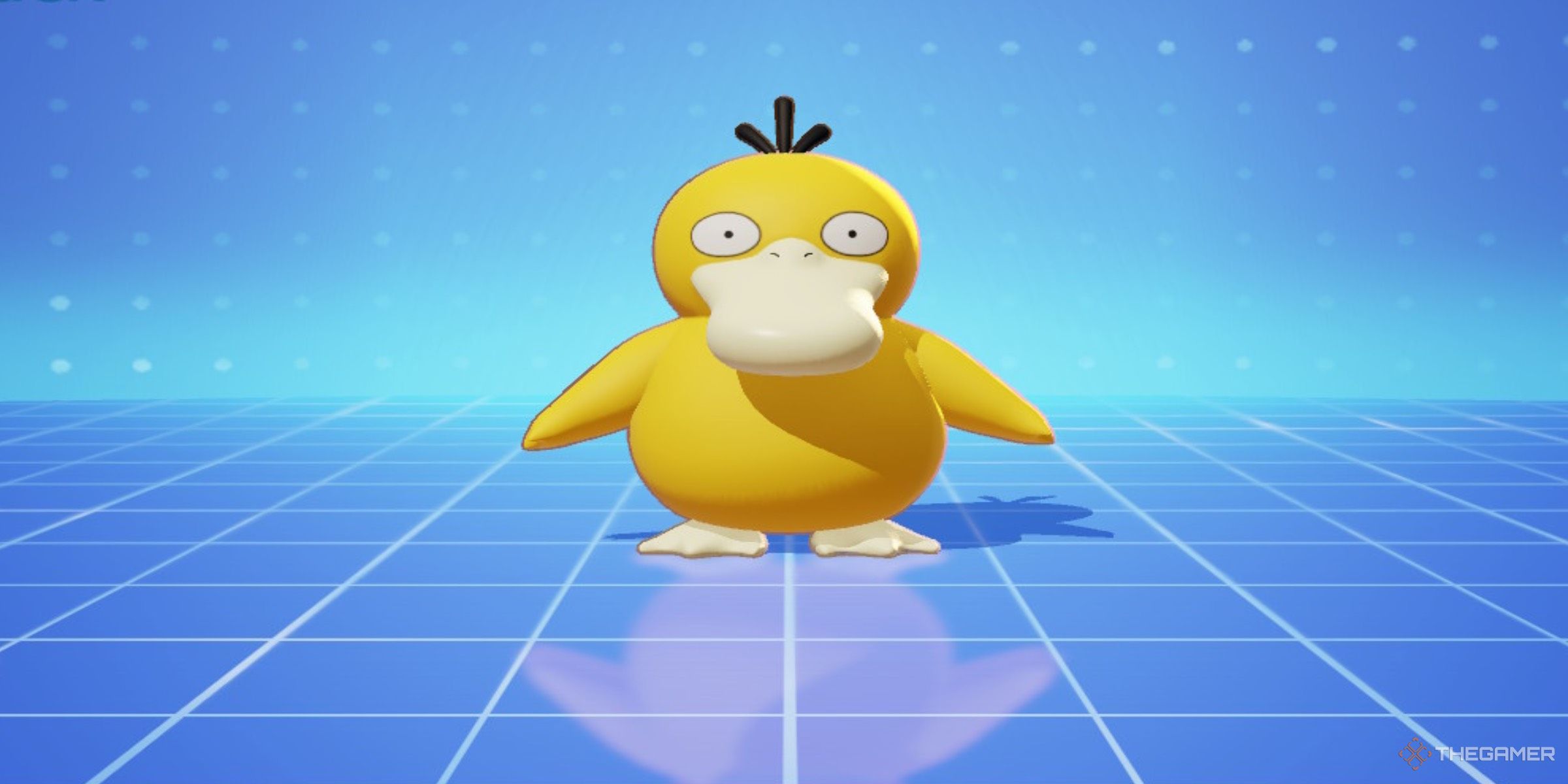 Psyduck stands in the blue preview screen in Pokemon Unite.