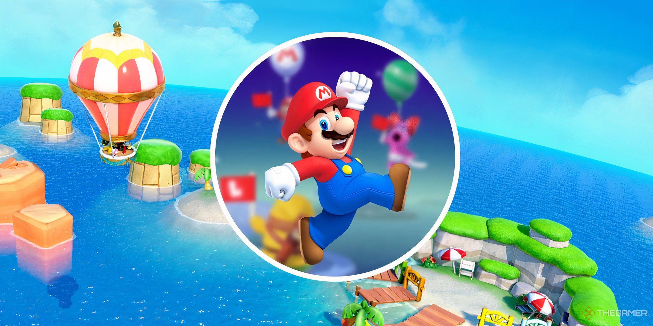 Mario jumping for joy in a split image with the menu screen for Super Mario Party Jamboree.