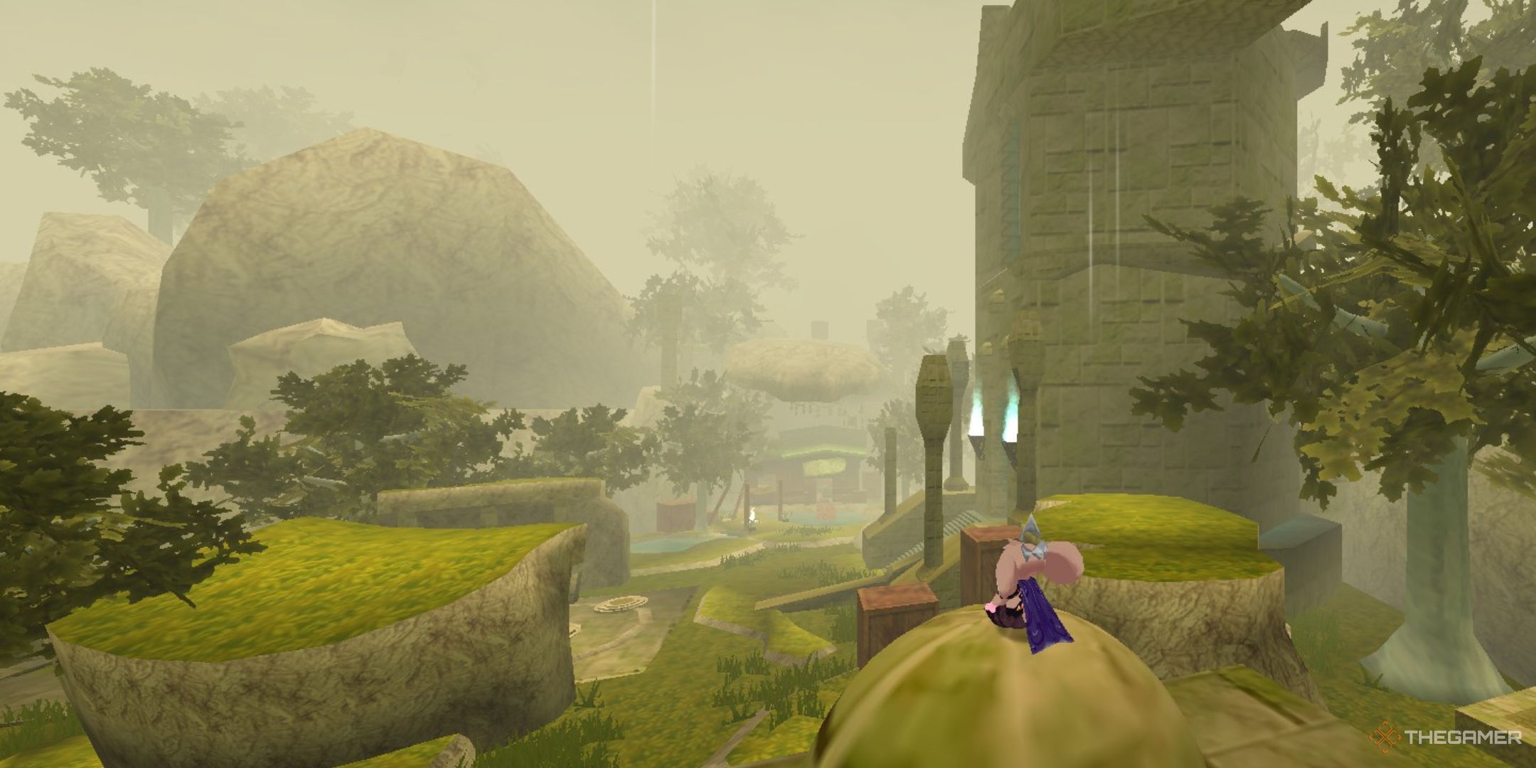 The image shows the player sitting on an elevated platform inside the Sanctum in Atlyss.