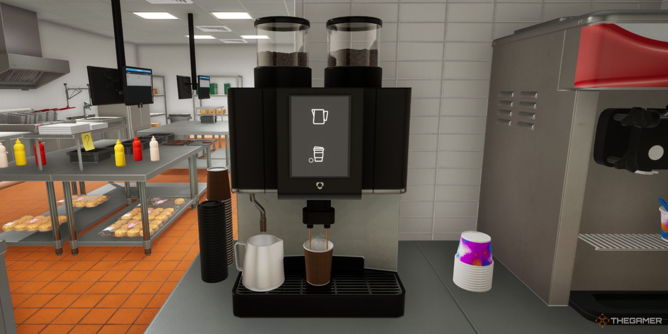 The image shows the coffee maker pouring the coffee into the cup in Fast Food Simulator.