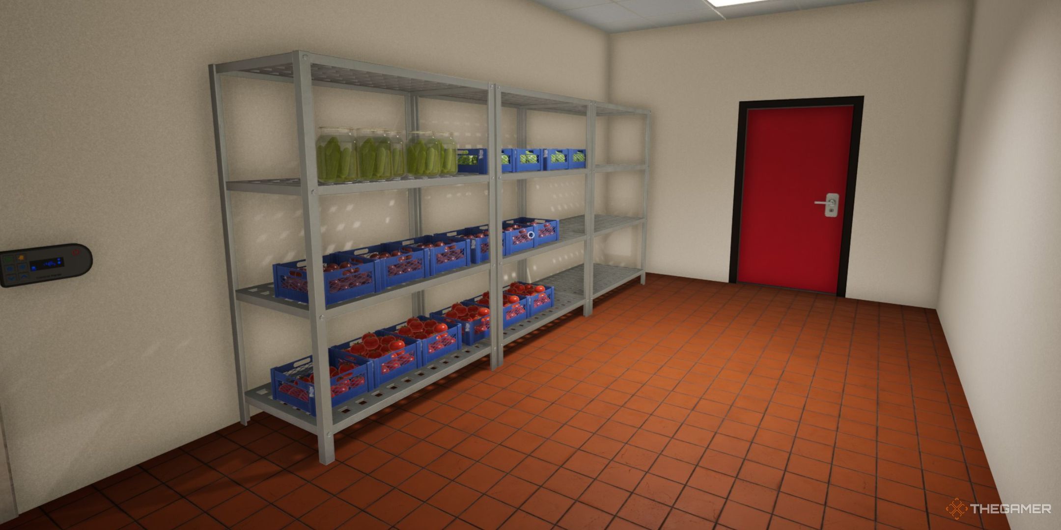 The image shows the shelf outside of cold storage room is full of vegetables in Fast Food Simulator.