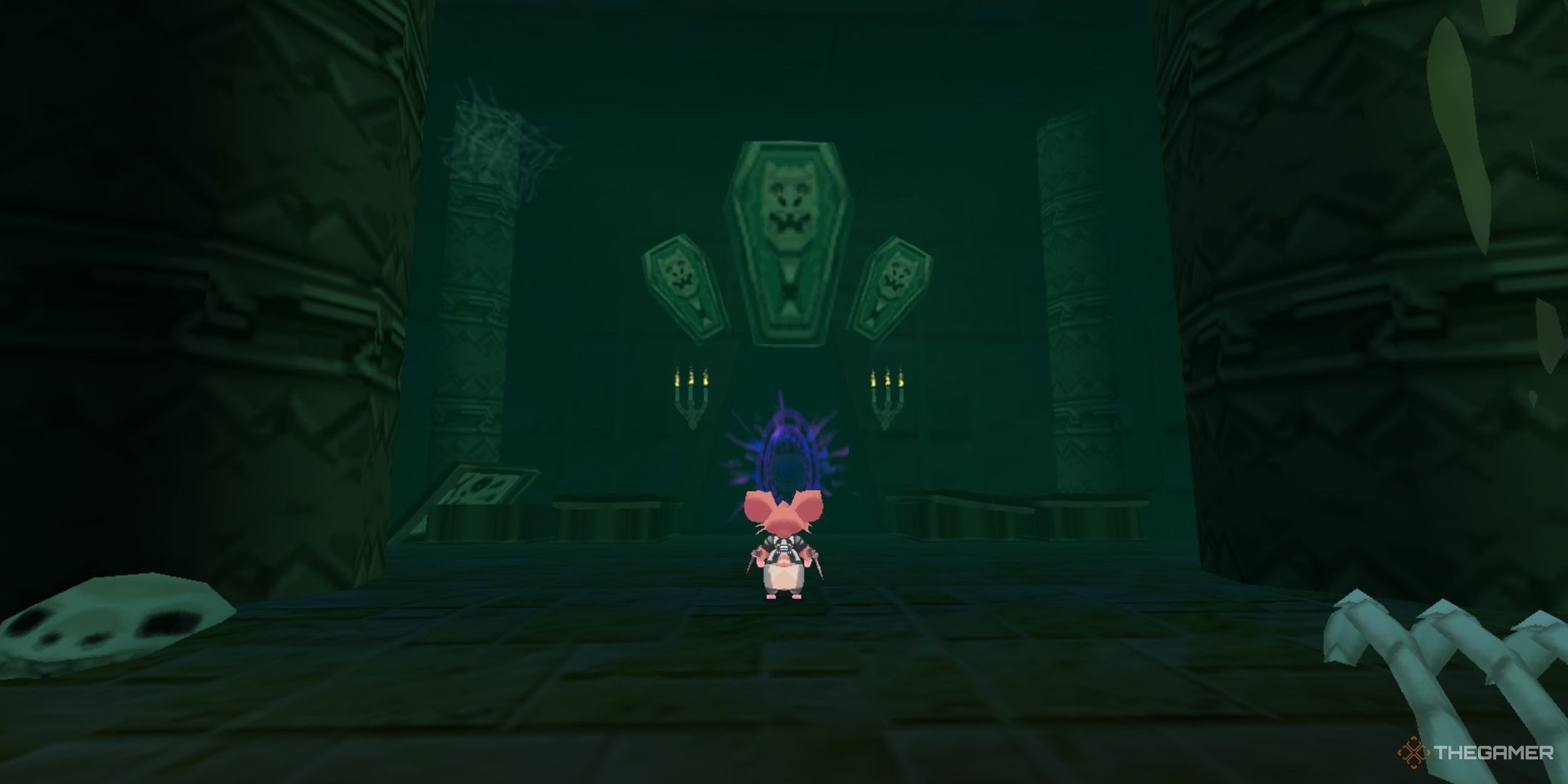 The image shows the player standing in front of the entrance to the Sanctum Catacombs in Atlyss.