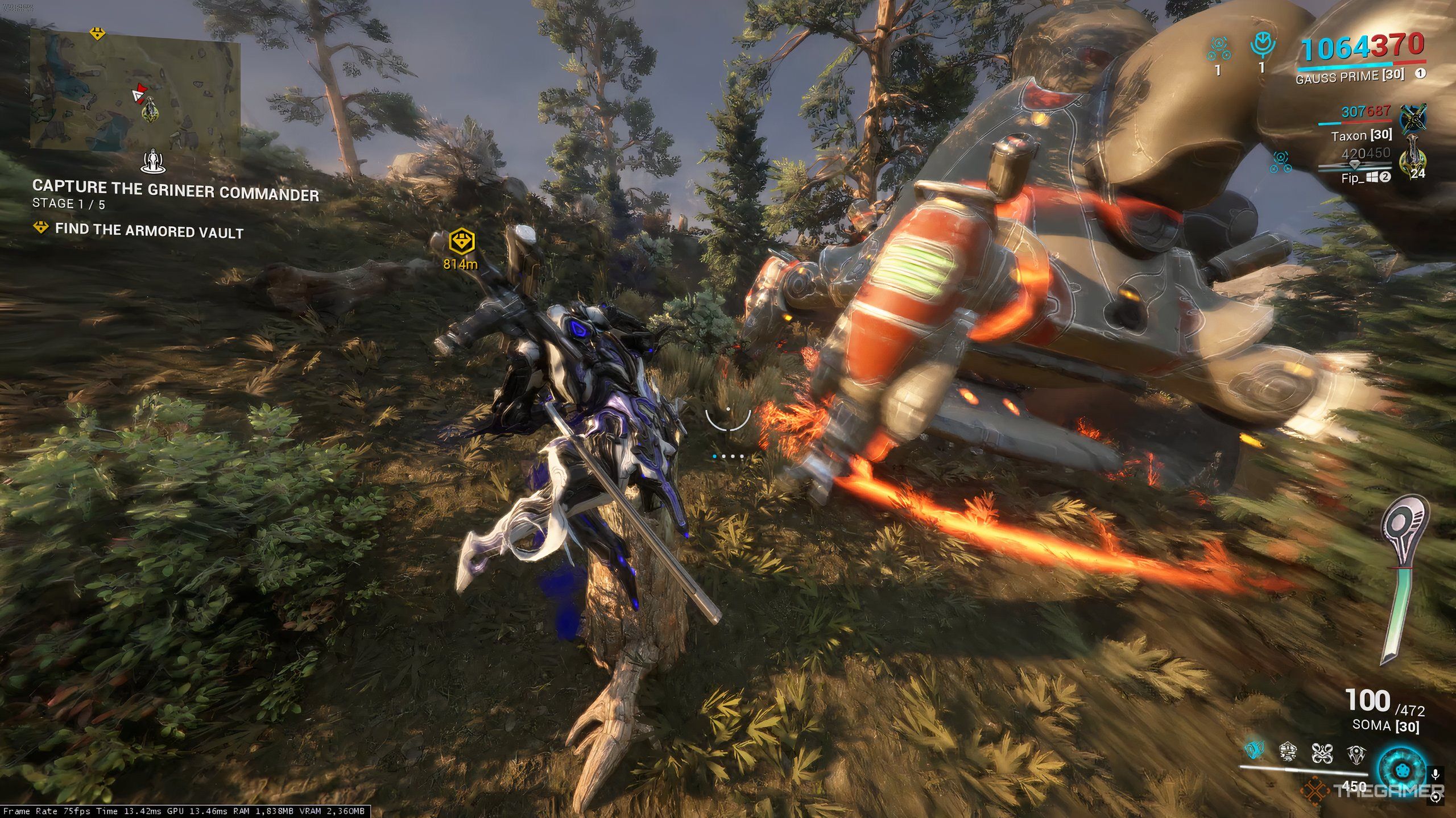 The Tusk Thumper Doma, performing its signature shockwave attack, in Warframe.