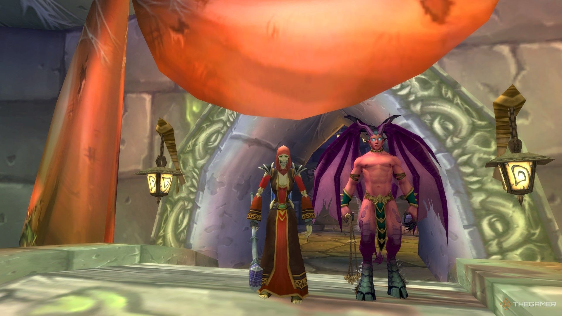 A Forsaken warlock in the undead capital Undercity, with her incubus minion.