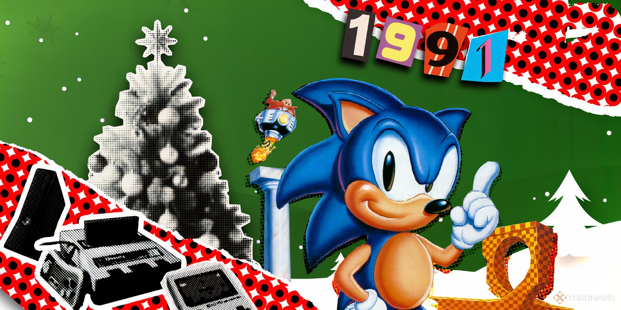 Xmas 1991 feature header including sonic and some retro consoles against a tree and snow background.