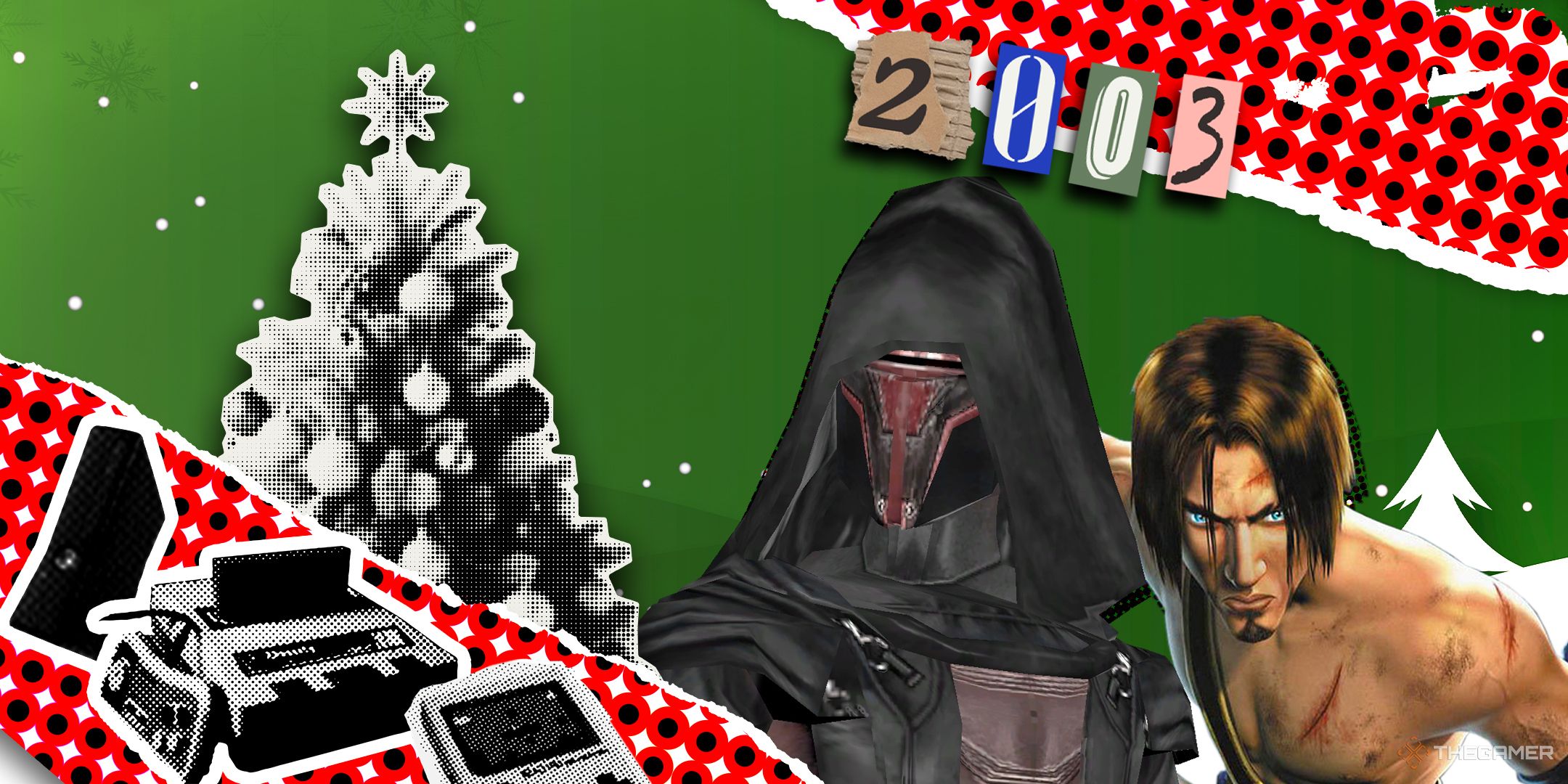 The Prince of Persia and Revan from Knights of the Old Republic next to a Christmas tree.