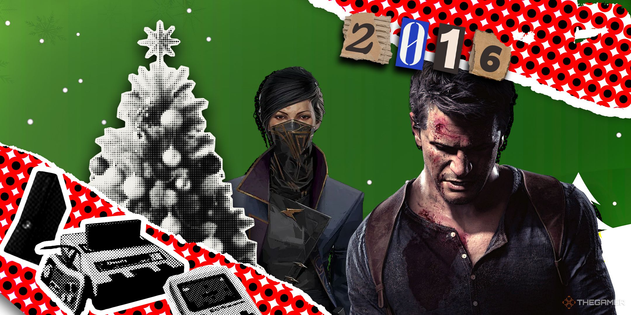 A Christmas 2016 banner with with Nathan Drake from Uncharted 4, Emily Caldwin from Dishonored 2, and a Christmas tree against a green background.