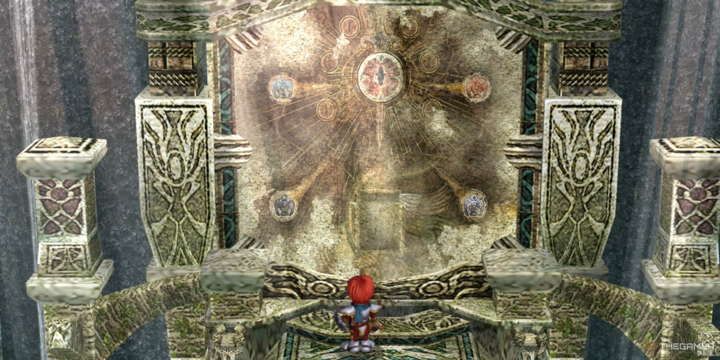 Adol standing in front of a mysterious and powerful mural in Ys Memoire: The Oath In Felghana.