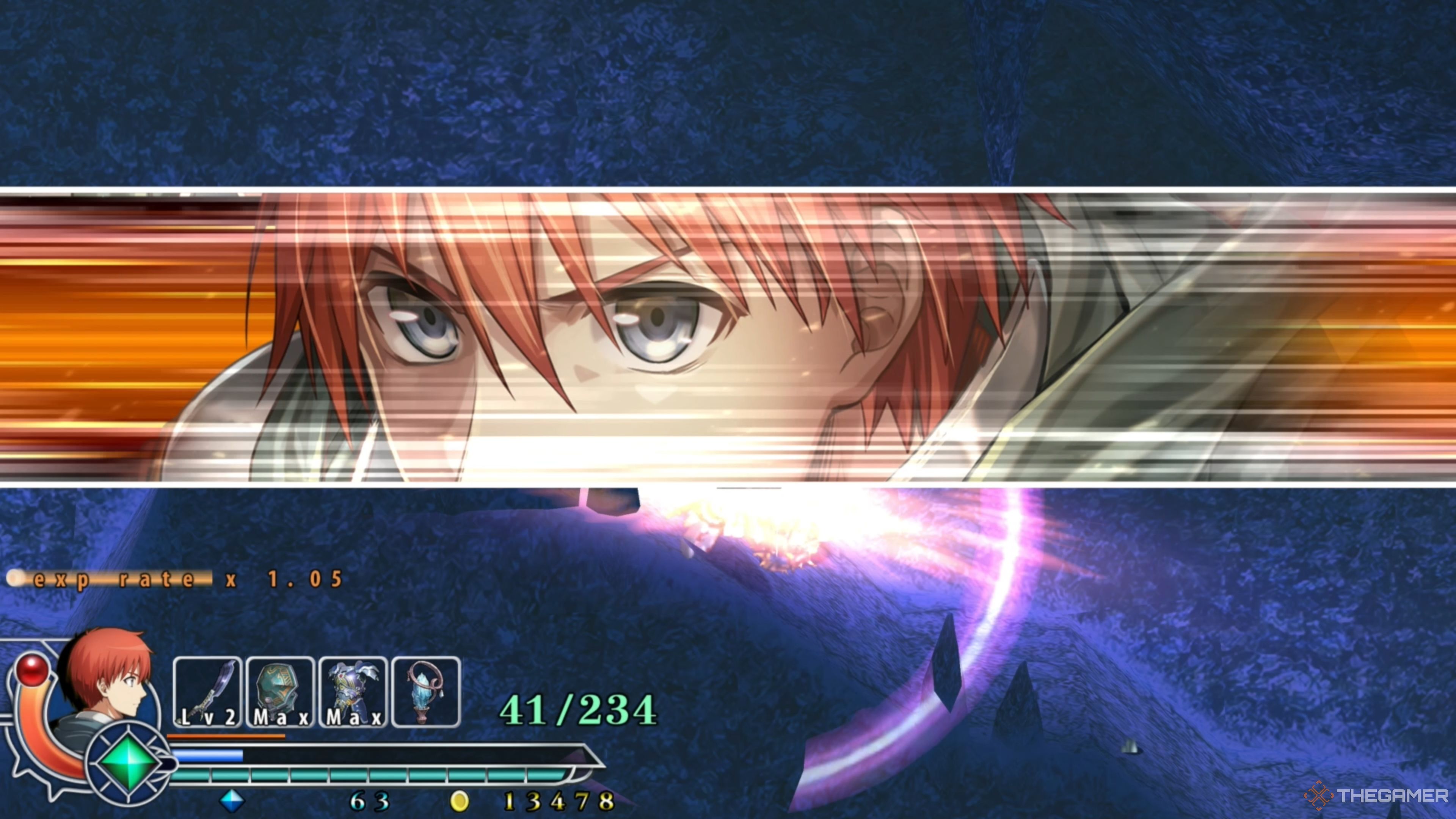 Adol activating his Double Boost to stay alive in battle in Ys Memoire: The Oath In Felghana.