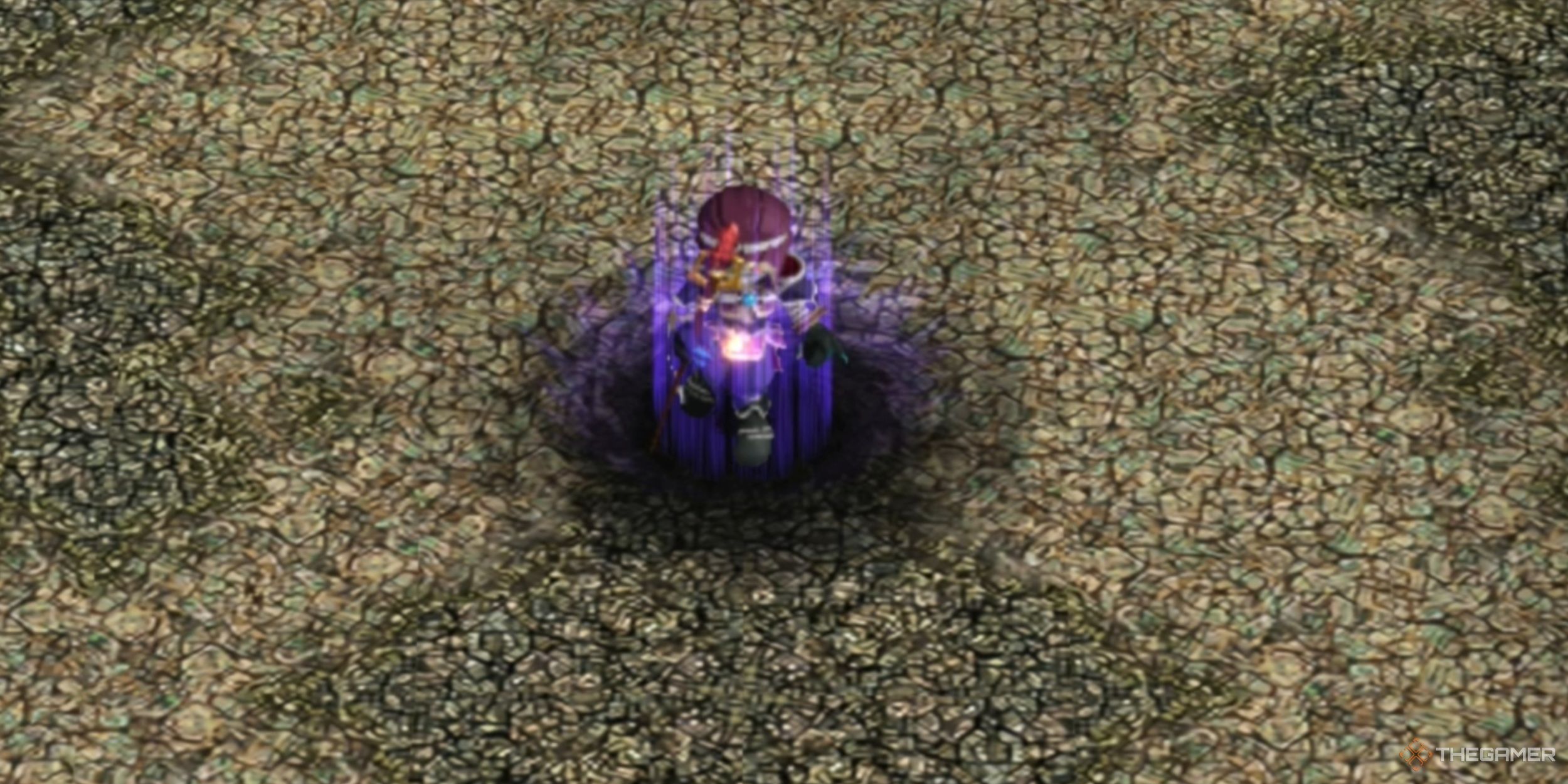 Dularn, the Creeping Shadow standing in the center of the Storehouse with an eerie, purple glow around him in Ys Memoire: The Oath in Felghana.