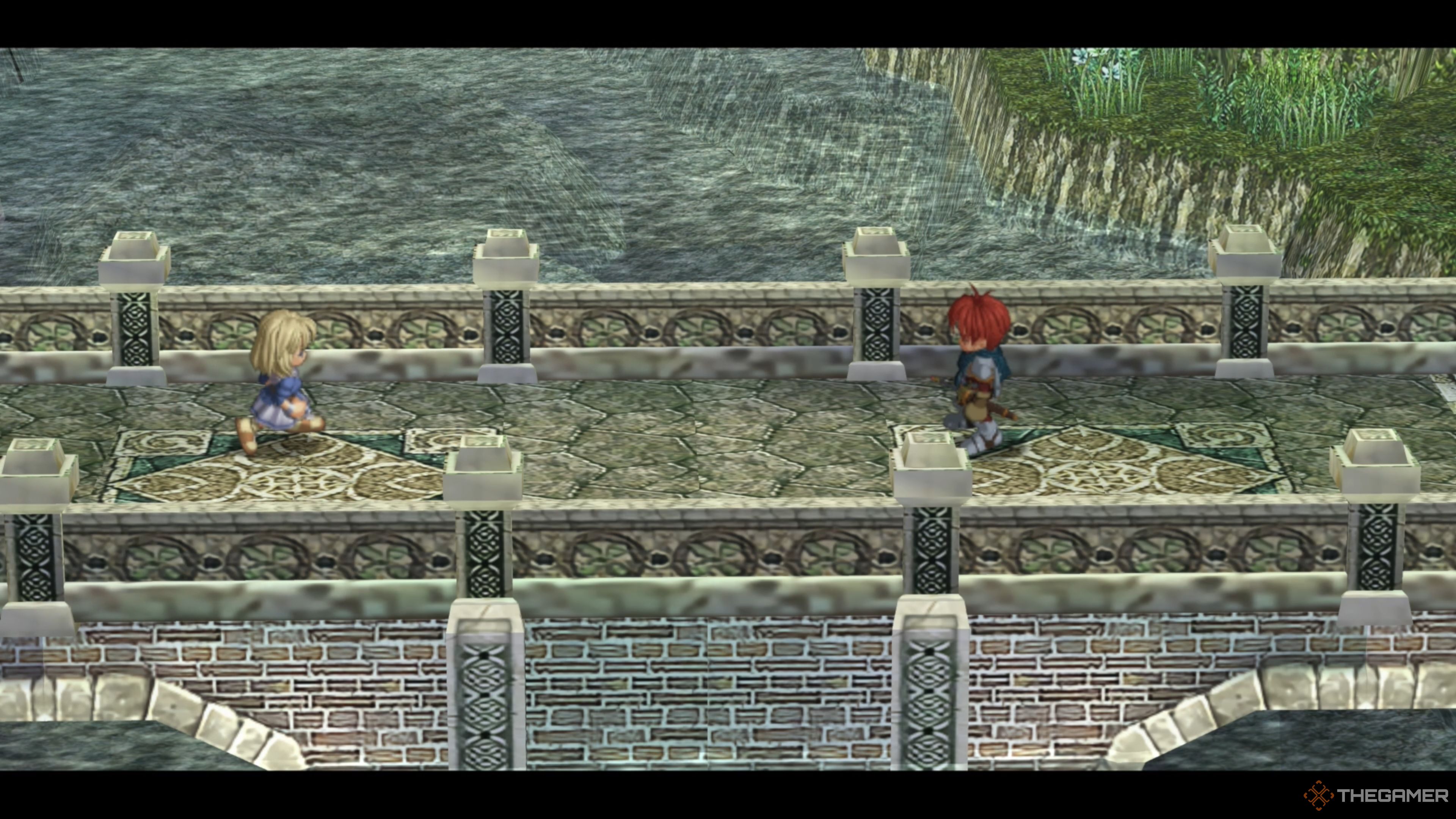 Elena approaching Adol on the bridge leading to Redmont Town in Ys Memoire: The Oath in Felghana.