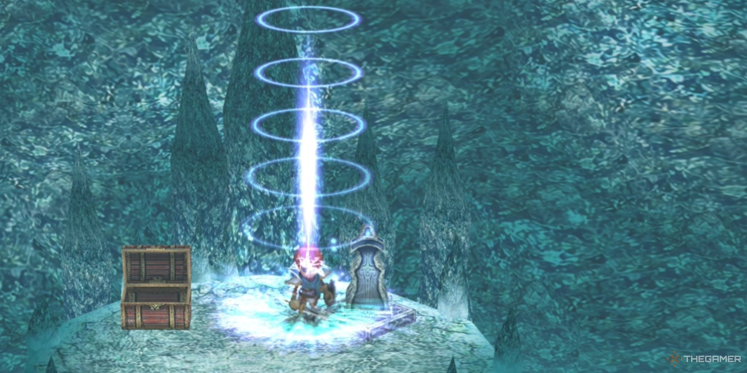 Adol using the Wing Talisman to Fast Travel out of the Elderm Mountains and back to Redmont Town in Ys Memoire: The Oath in Felghana.