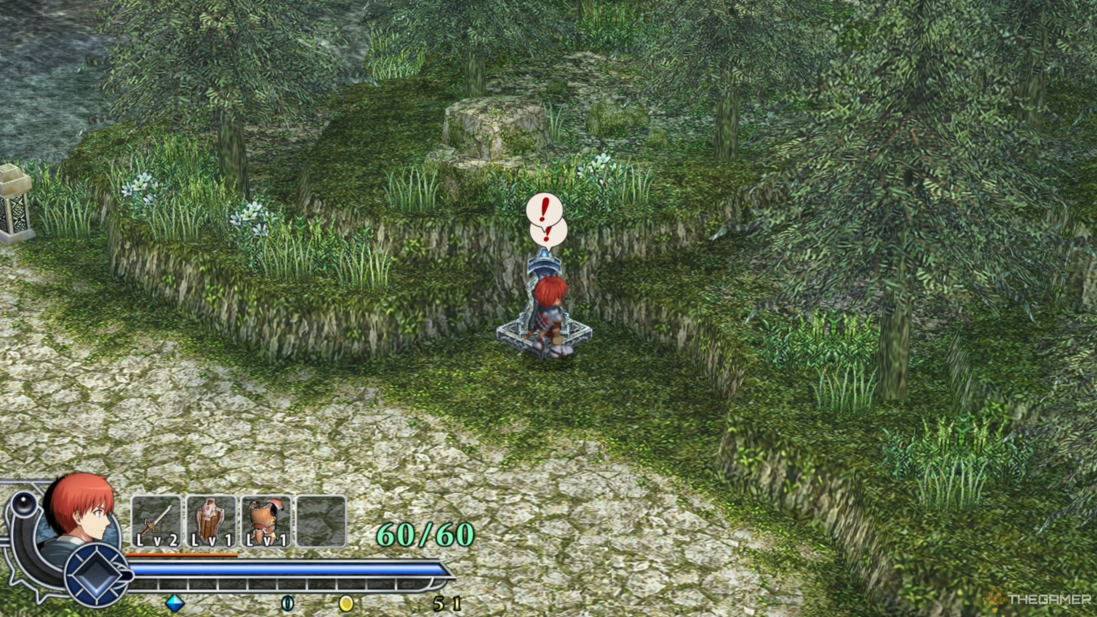 Adol activating the Travel Monument near Redmont Town in Ys Memoire: The Oath in Felghana.