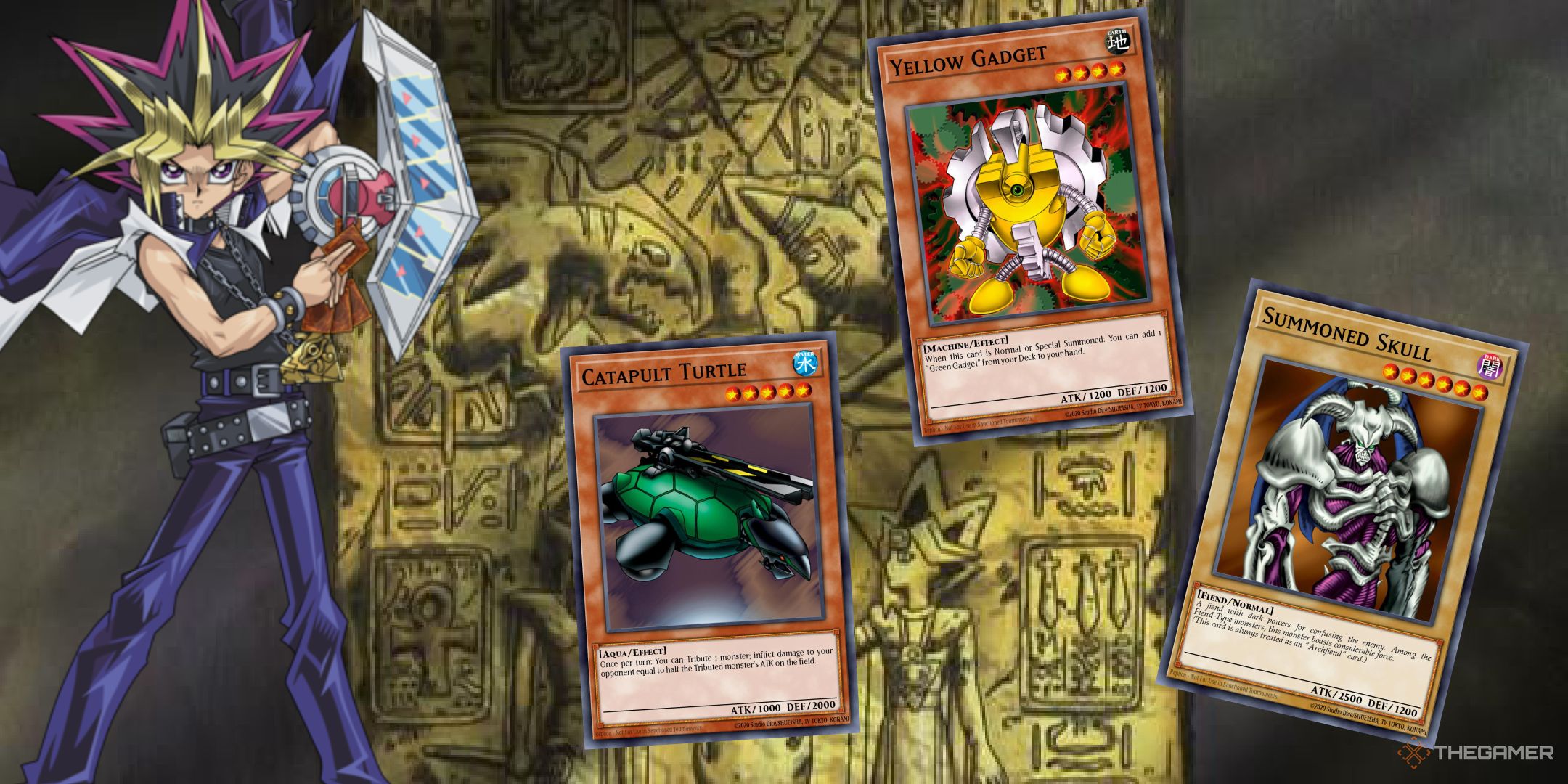 Yugi in front of an Egyptian tablet with some of his most powerful cards.