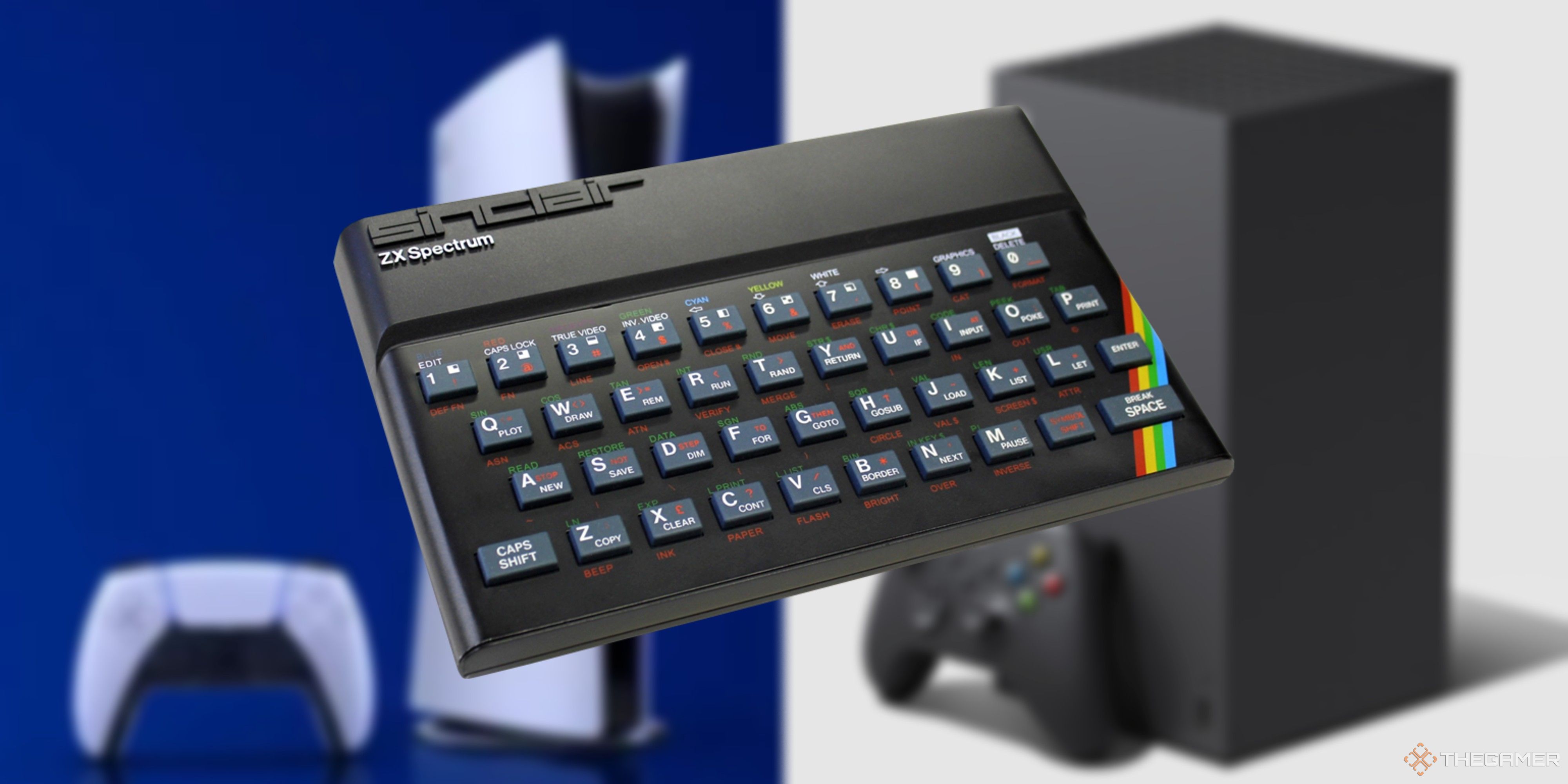 zx spectrum on a blurred ps5 pro and xbox series x background.