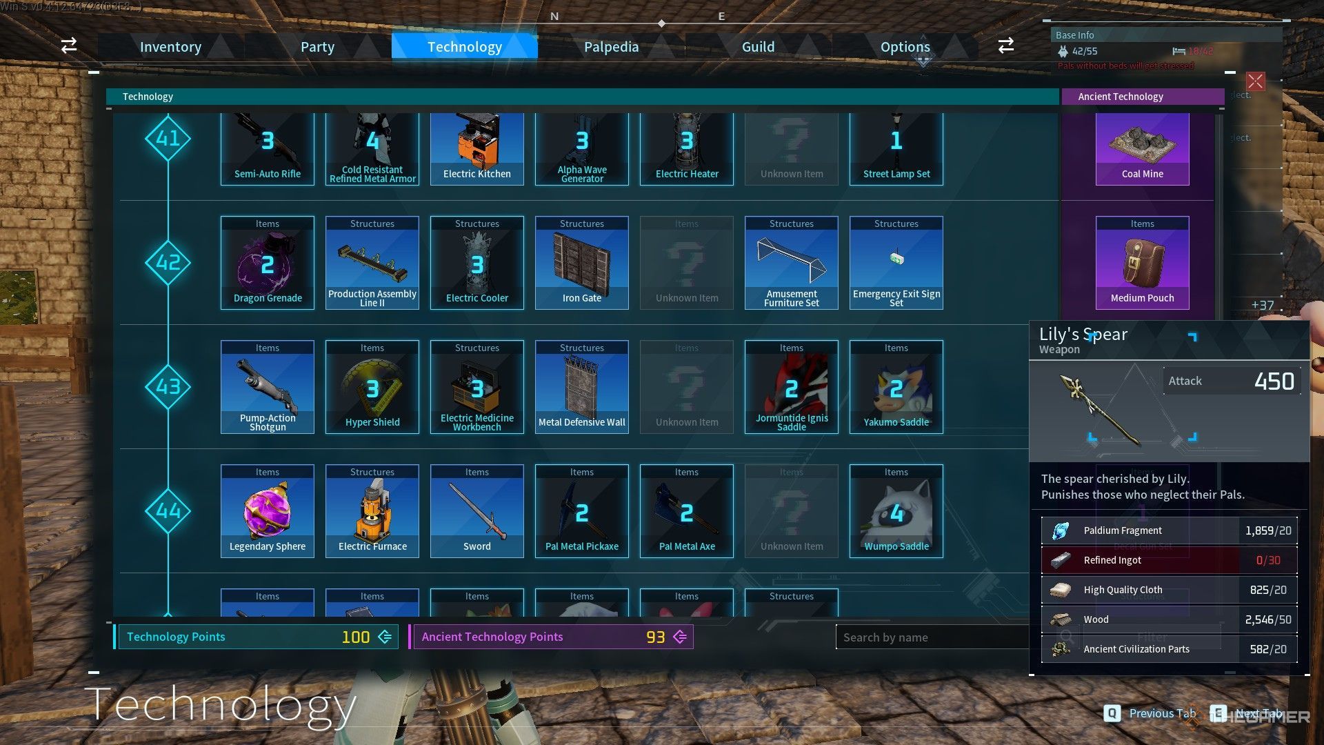 The image shows Lily&rsquo;s Spear from the Technology menu in Palworld.