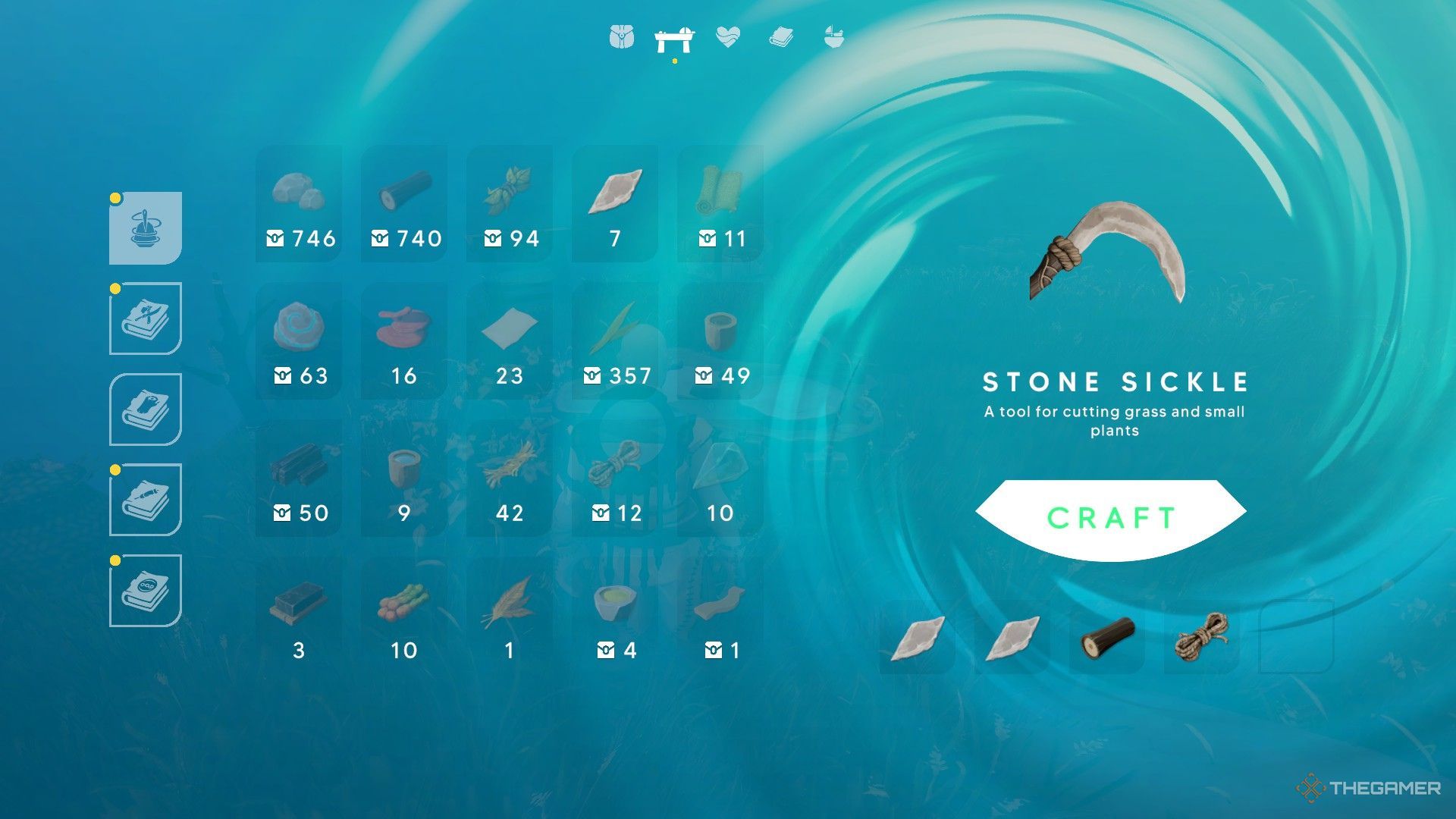 The image shows the crafting recipe of a Stone Sickle at a workbench in Aloft.