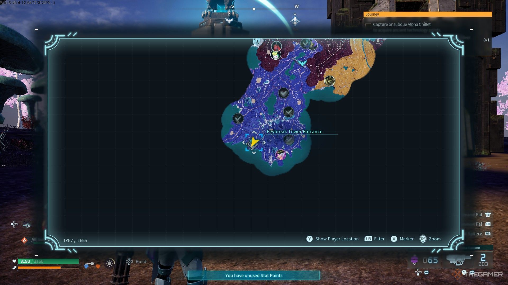 The image shows the Feybreak Tower&rsquo;s location on the map in Palworld.