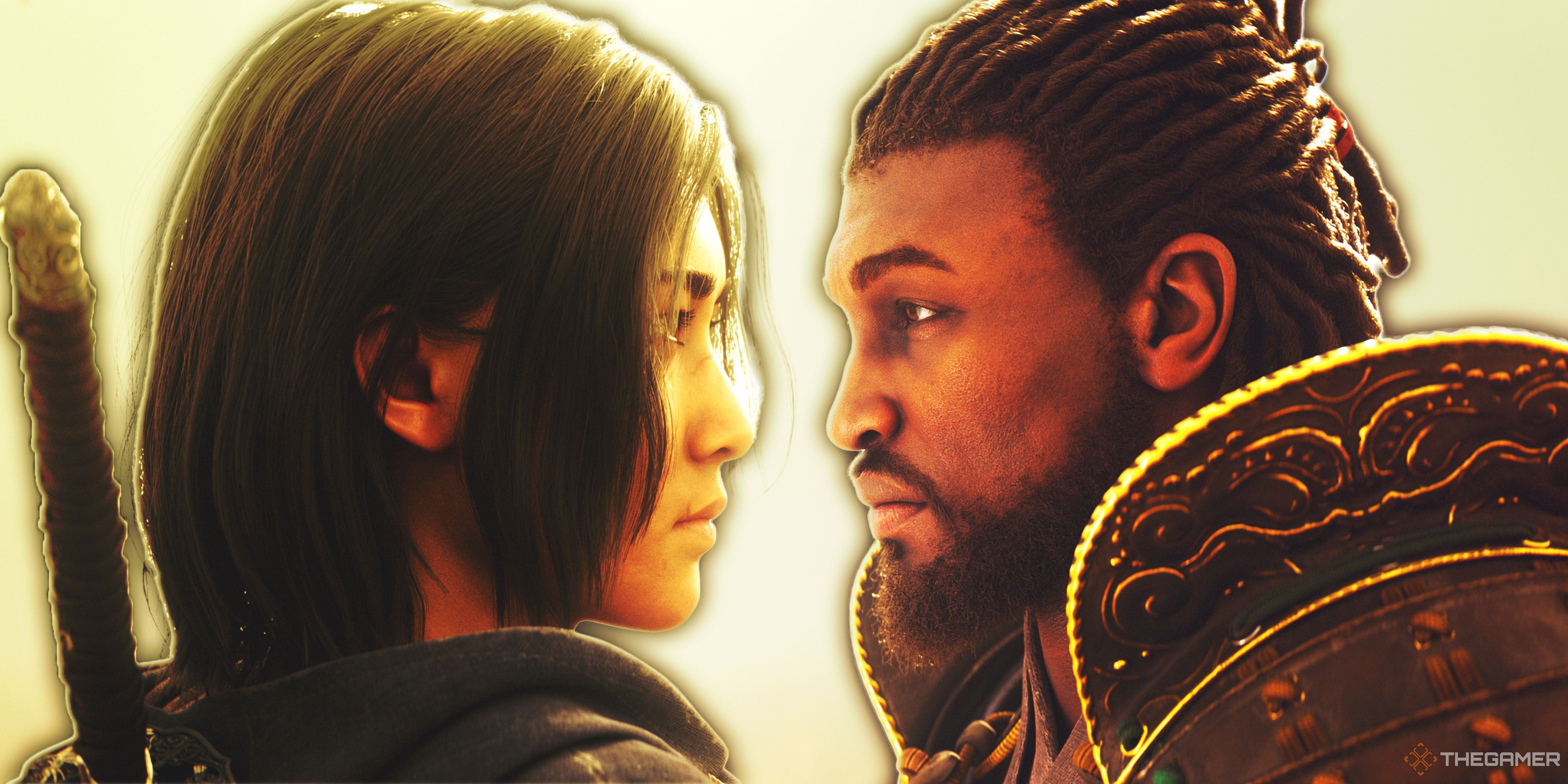 Assassin's Creed Shadows protagonists Naoe and Yasuke facing each other.