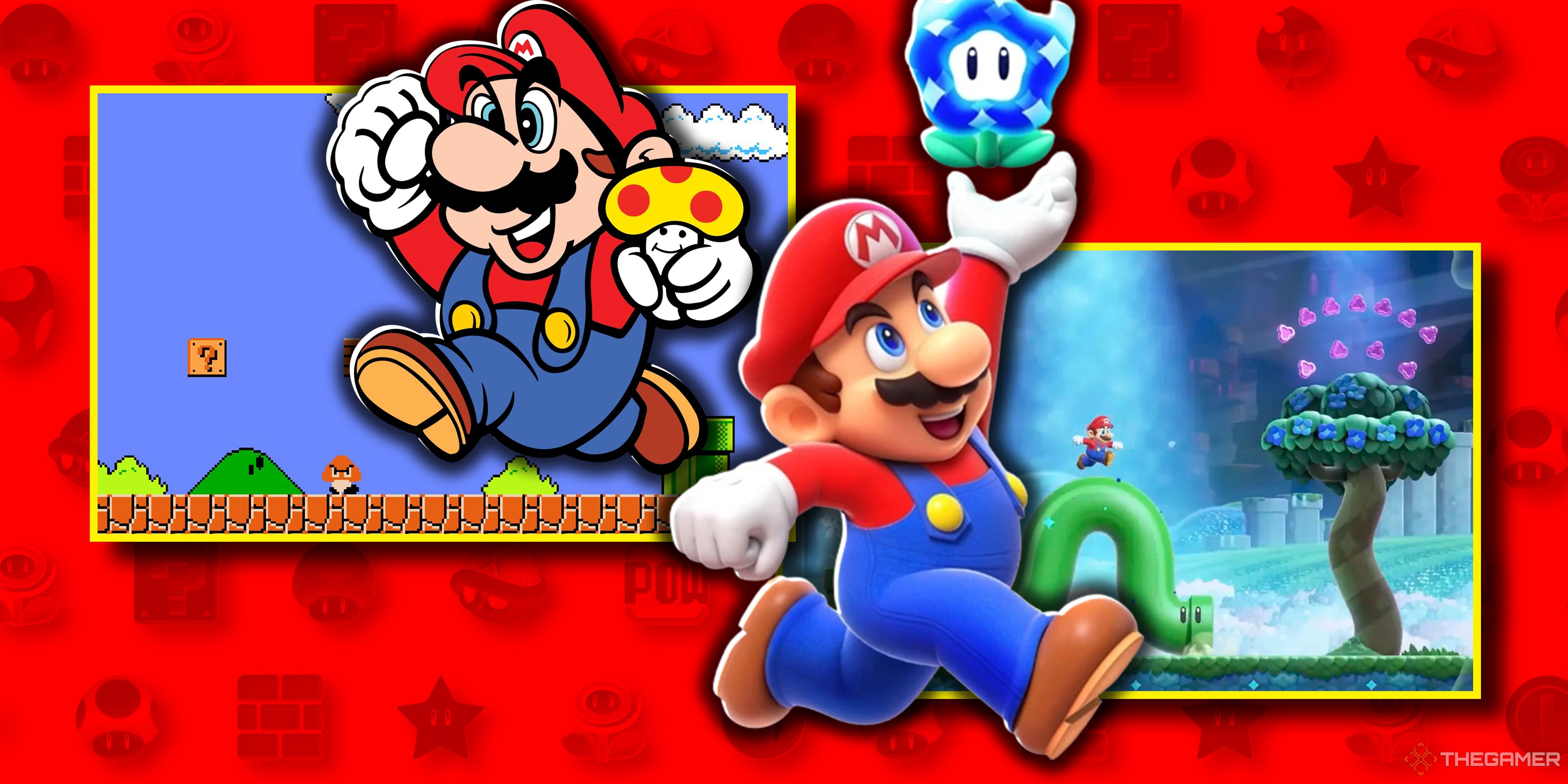 Collage image with early Mario carrying a mushroom and modern Mario with a Wonder Flower.